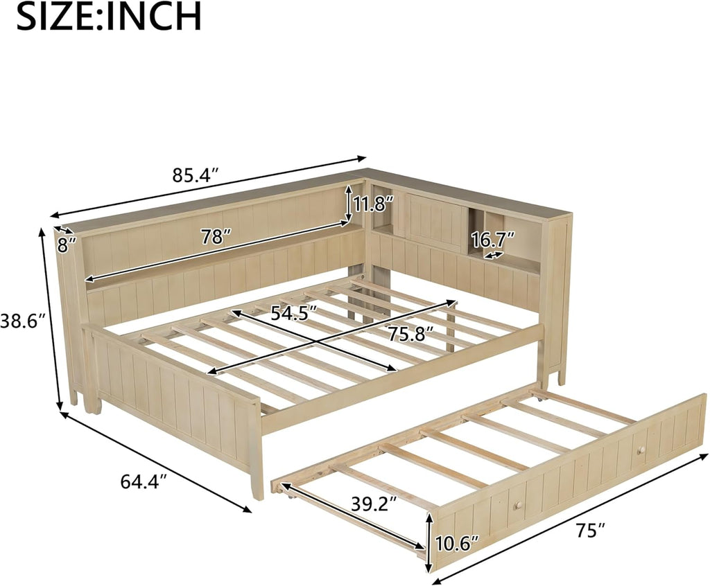 Merax Full Size Daybed with Storage Shelves and Trundle, Wood Slat Support, No Box Spring Needed, Antique White