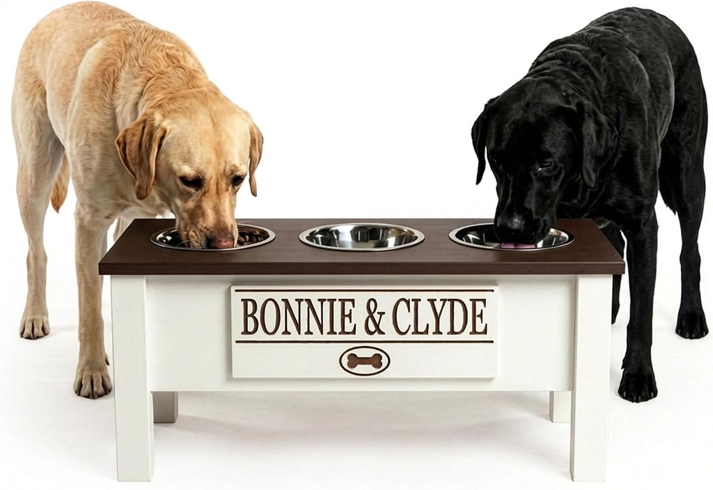 GTW Elevated 3 Bowl Dog Feeding Station - Customized Triple Stand for Large Dogs - Includes Storage & Stainless Steel Bowls (Large, Brown)