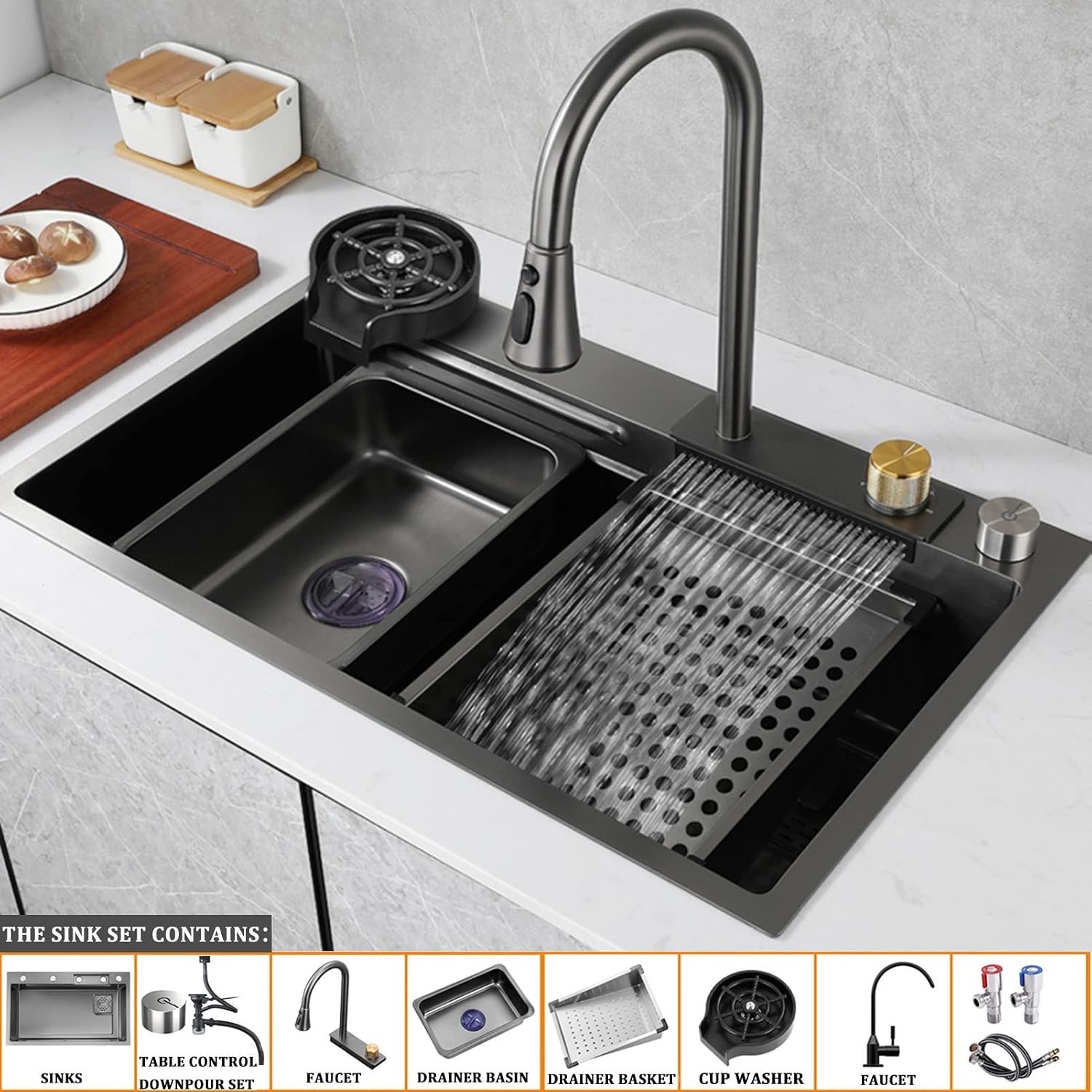 Nano Single Bowl Kitchen Sink 304 Stainless Steel Bar Sink Household Multi-Function RV Sink with Faucet and Drain Assembly Drop in Or Under Mount (Grey-68x45x22cm