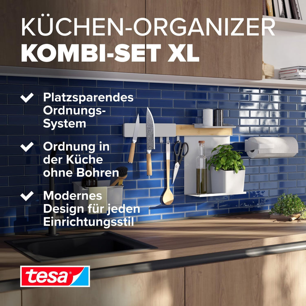 tesa Kitchen Organiser Combo Set XL - Self-Adhesive Kitchen Rail System, Herb Pot, 2 Shelves, Dishwasher Organiser, Knife and Kitchen Roll Holder, Hook Rail with 3 Hooks - Drill-Free - Bamboo/White