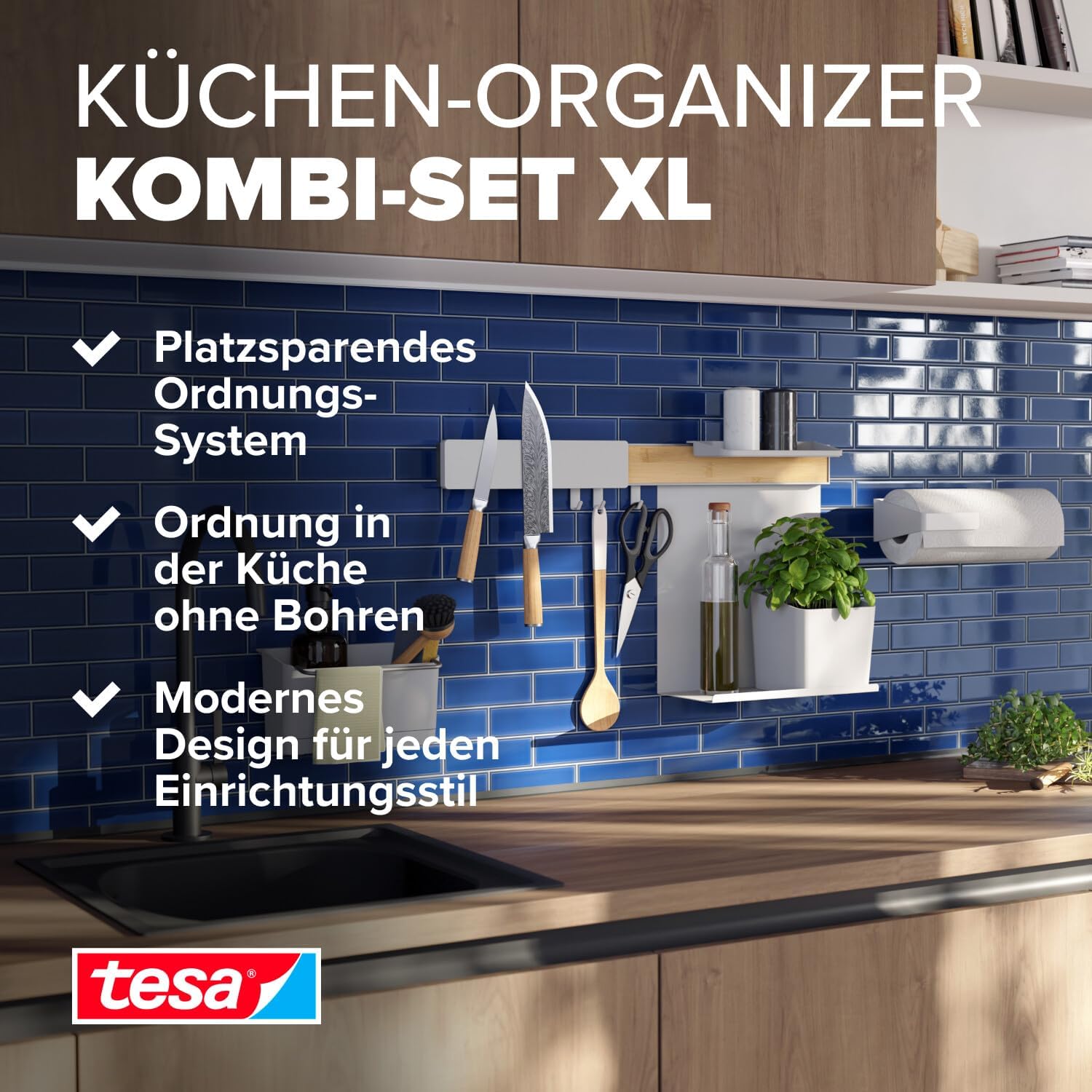 tesa Kitchen Organiser Combo Set XL - Self-Adhesive Kitchen Rail System, Herb Pot, 2 Shelves, Dishwasher Organiser, Knife and Kitchen Roll Holder, Hook Rail with 3 Hooks - Drill-Free - Bamboo/White