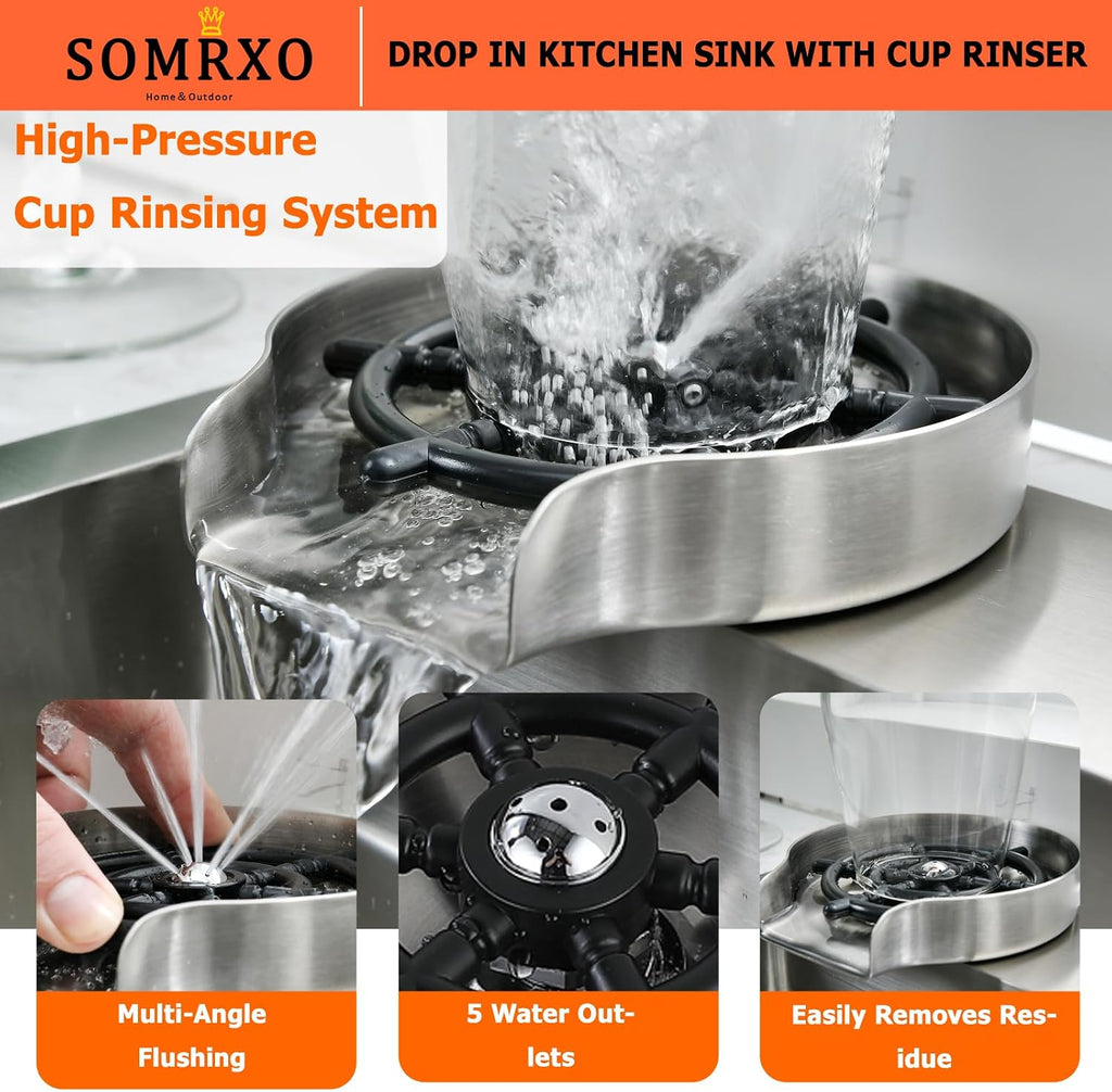 25 Inch Drop In Kitchen Sink with Faucet Combo - Stainless Steel Drop In Sink with Cup Washer, 9 Inch Deep Single Bowl Kitchen Sinks and Faucets Combo Set,Top Mount Design for Modern Kitchens