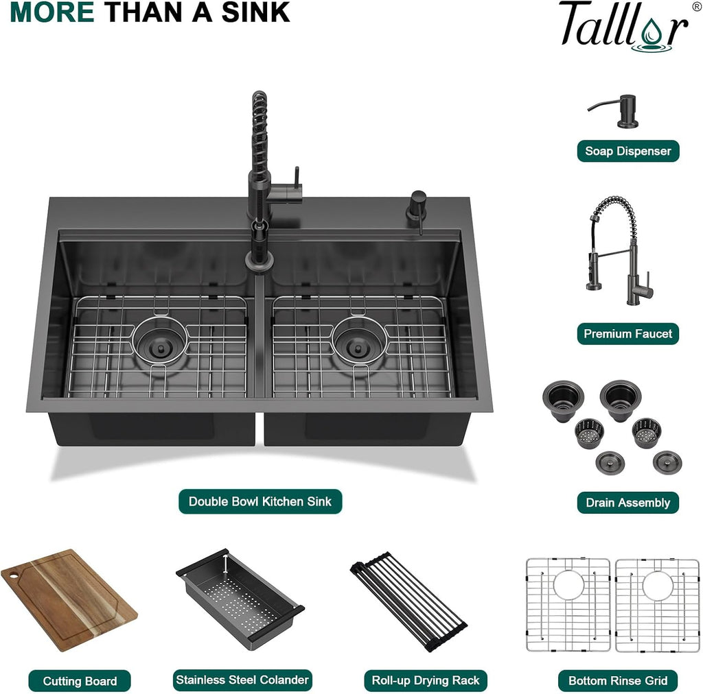 33 Double Bowl Kitchen Sinks with Faucet - 33x19 Drop In Workstation Black Kitchen Sink, Topmount Stainless Steel 16 Gauge Double Bowl 50/50 Split Handmade Sinks Round Corner #TLT-0026