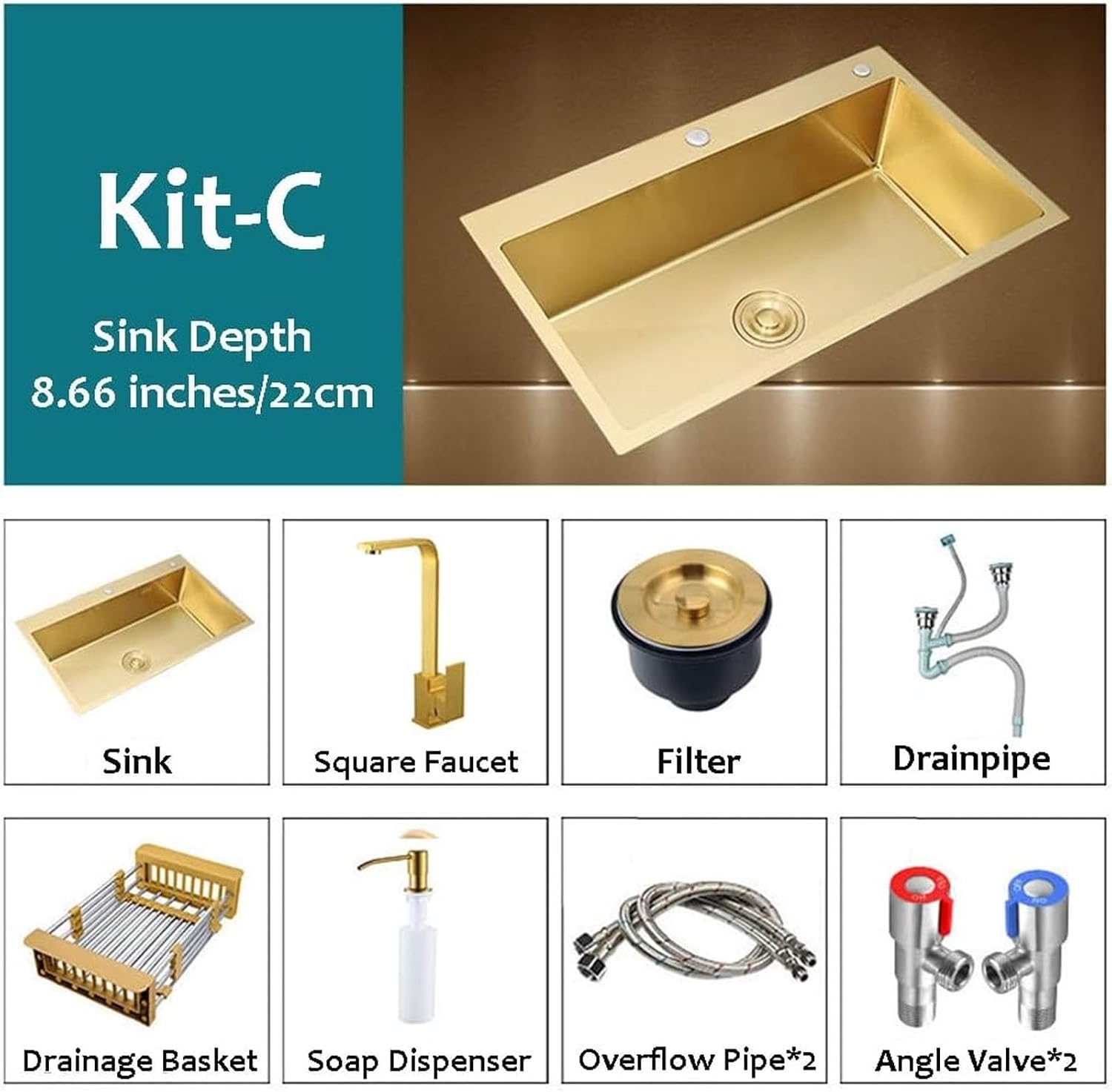 Gold Kitchen Sink - Single Bowl 16 Gauge Stainless Steel Sink - Single Bowl Undermount or Drop-in, 5 Sizes (Color : Kit-A, Size : 75x45x22cm) (KitC 75x45x22cm)