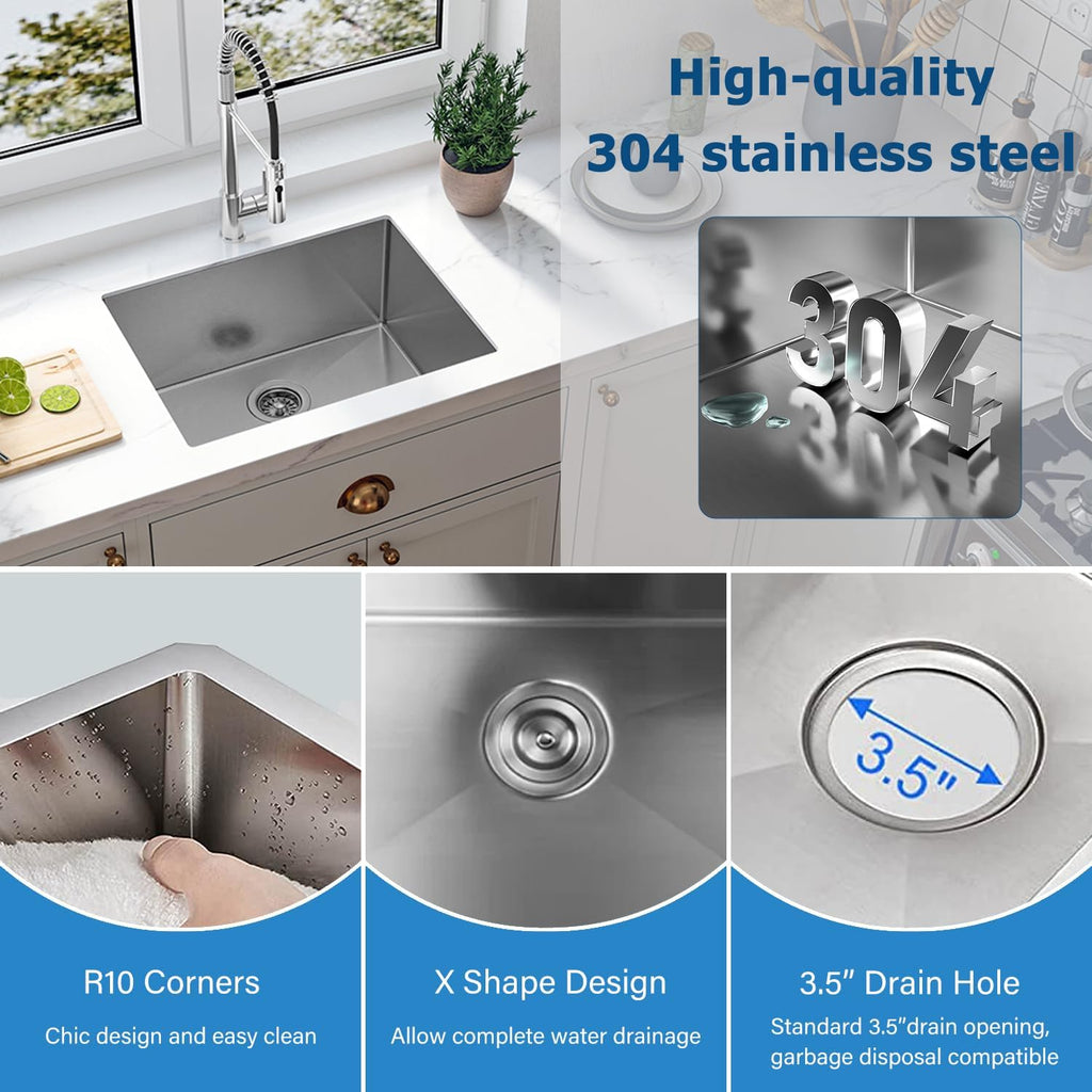 Sinber HU2318S-10-S 23' x 18' x 9' Undermount Single Bowl Kitchen Sink with 18 Gauge 304 Stainless Steel Satin Finish (Sink Only)