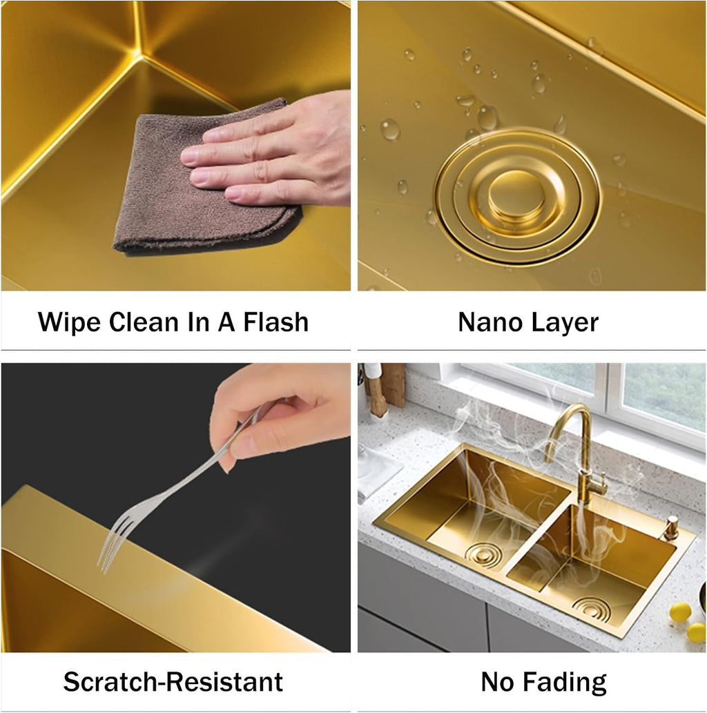 Gold Double Bowl Kitchen Sinks, with Faucet, 304 Stainless, Top Mount Kitchen Sink and Accessories, Undermount Vegetable Basin (Color : Gold D, Size : 82X45cm)
