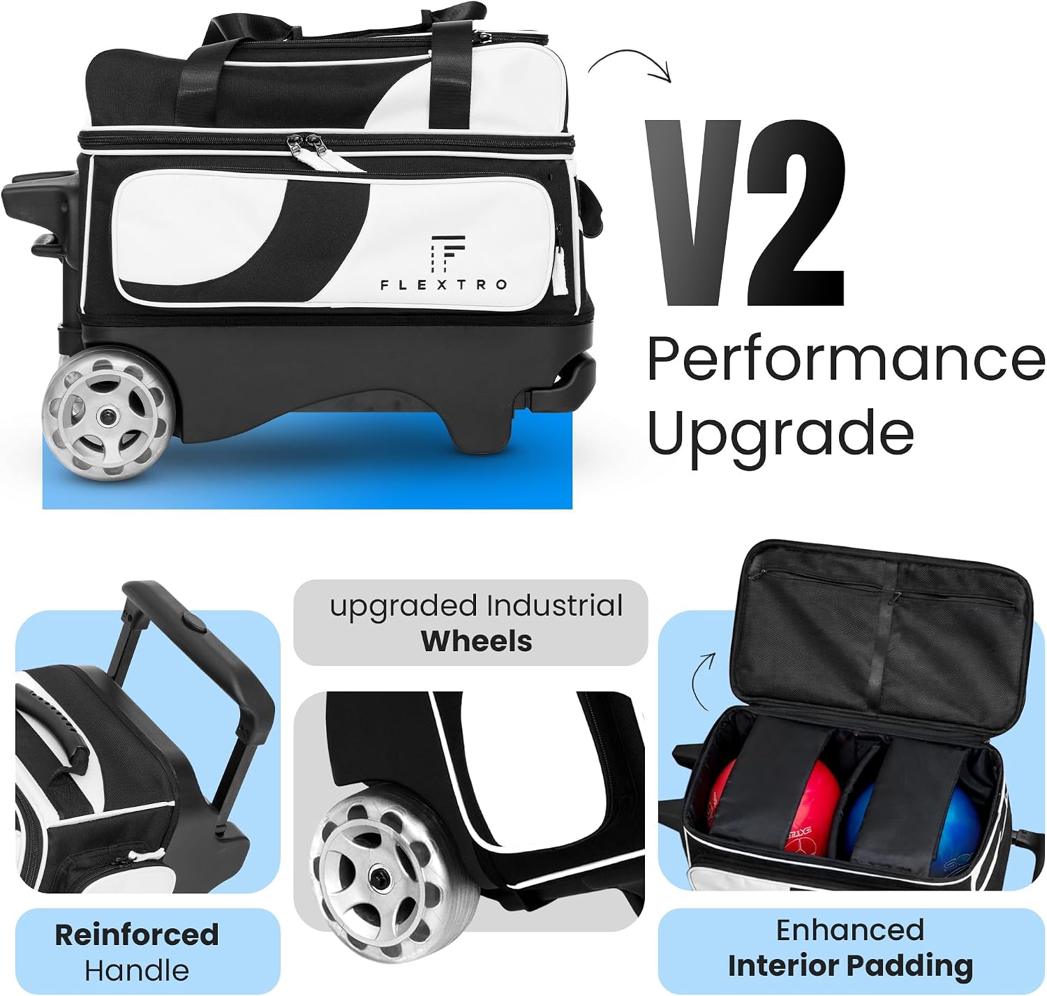 Flextro 3 Ball Bowling Bag with Wheels - Heavy Duty Rolling Bowling Bag for 3 Balls & Shoes - Premium Smooth Rolling System & Reinforced Frame