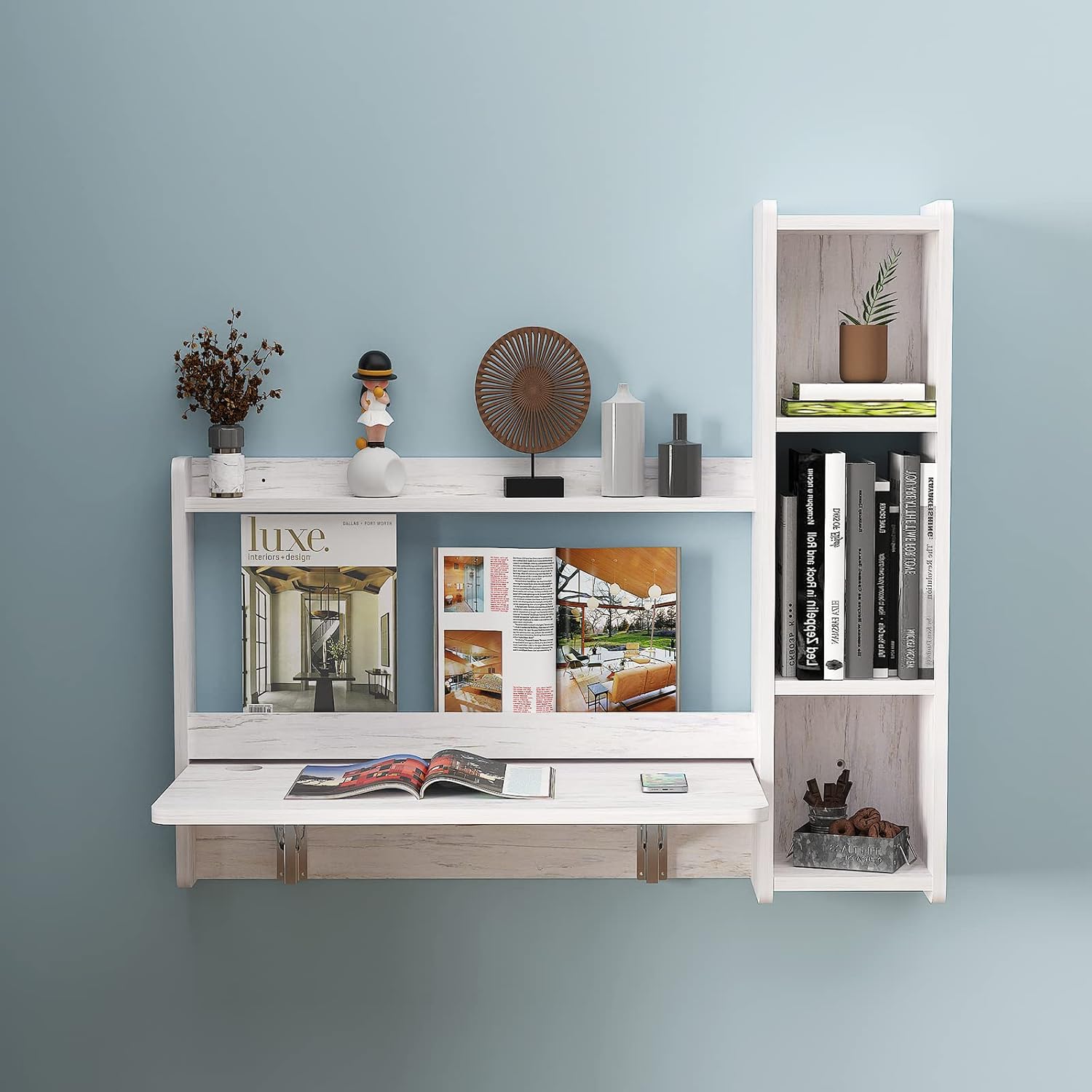 Pmnianhua Floating Desk,41'' Wall Mounted Desk,Fold Down Laptop Desk,Folding Workstation,Space Saving Table with Storage for Bedroom Study Room Small Space (Off White-Left)