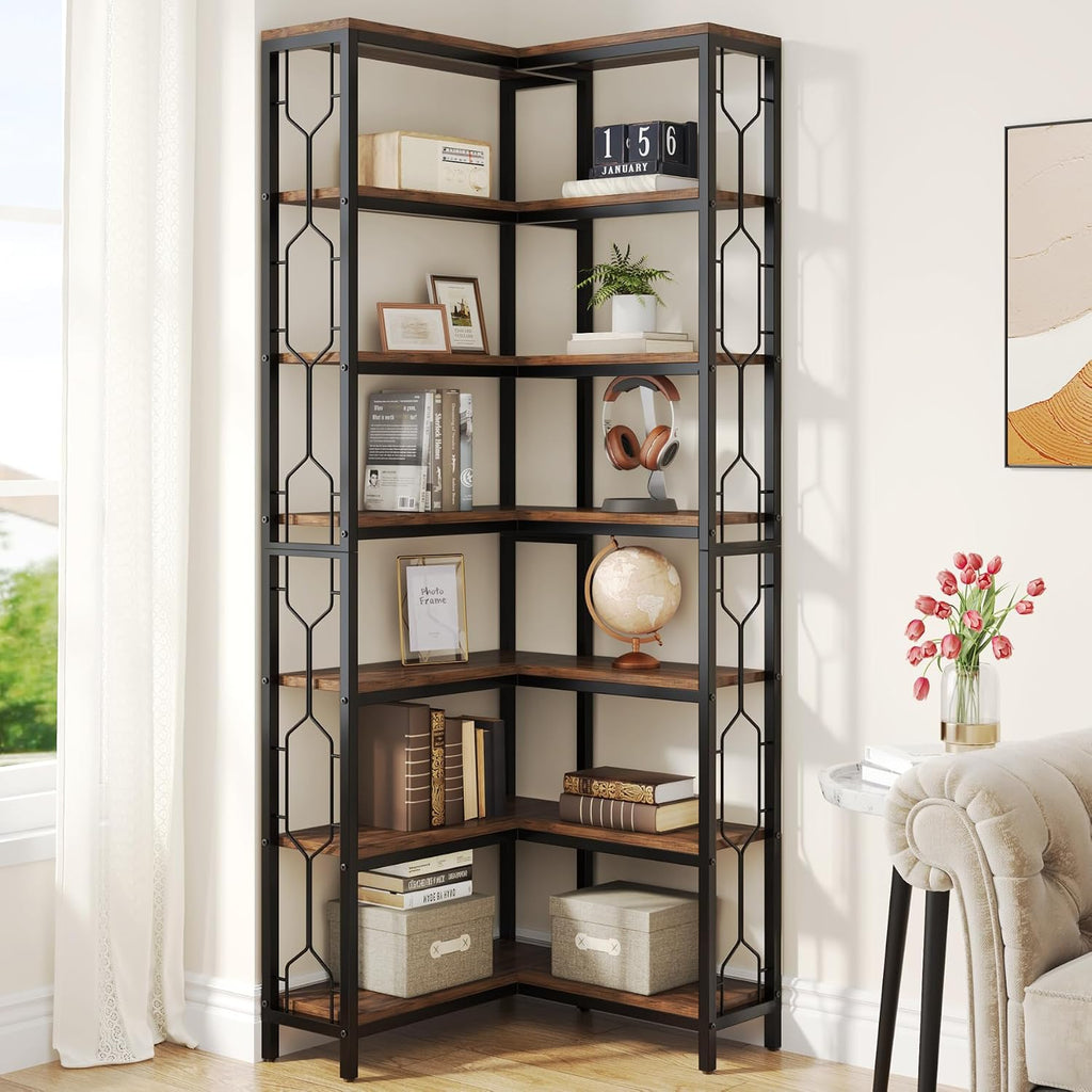 LITTLE TREE Corner Bookshelf, 7-Tier Bookcase, Tall Book Shelf Modern Book Case for Books, Garage Kit, CDs, Movies, Industrial Storage Organizer for Bedroom Home Office Kitchen Living Room, Brown