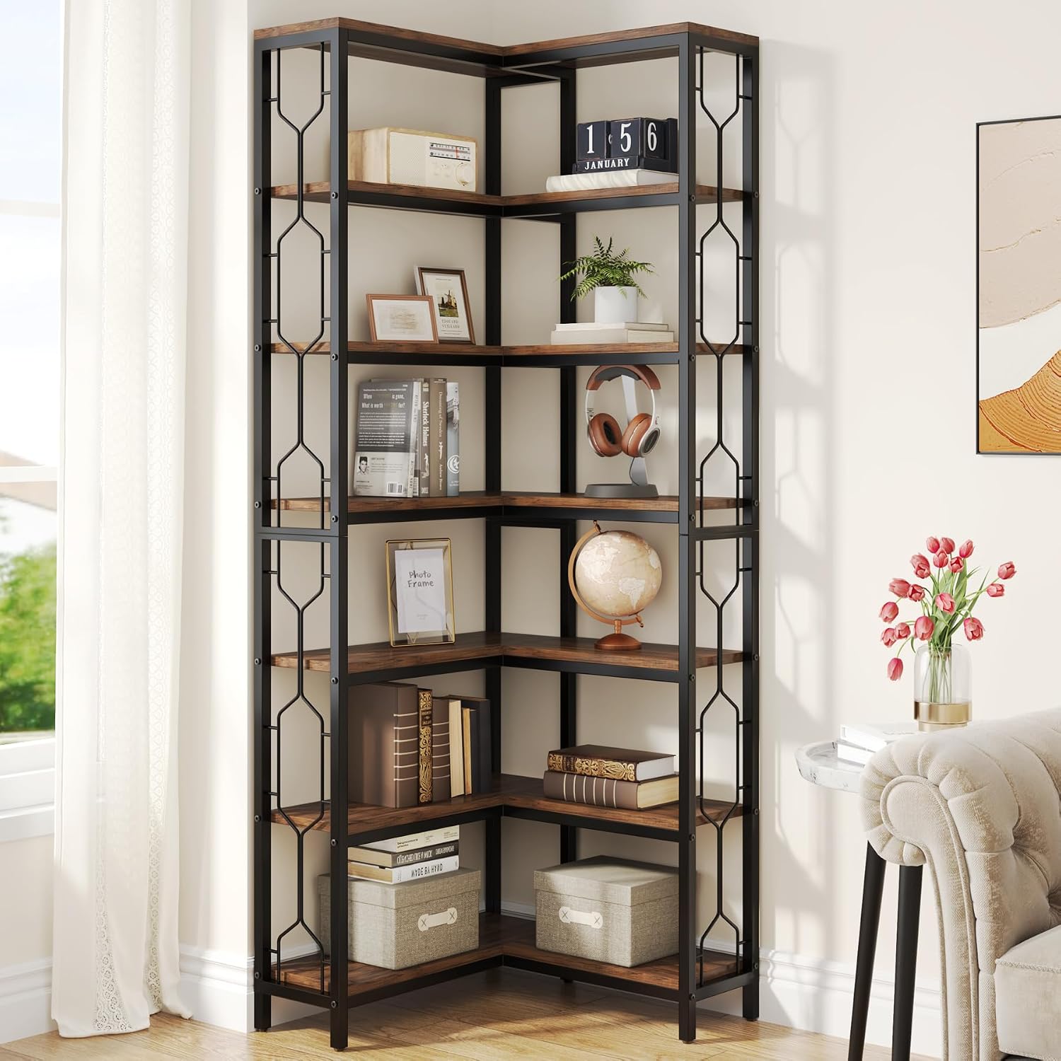 LITTLE TREE Corner Bookshelf, 7-Tier Bookcase, Tall Book Shelf Modern Book Case for Books, Garage Kit, CDs, Movies, Industrial Storage Organizer for Bedroom Home Office Kitchen Living Room, Brown