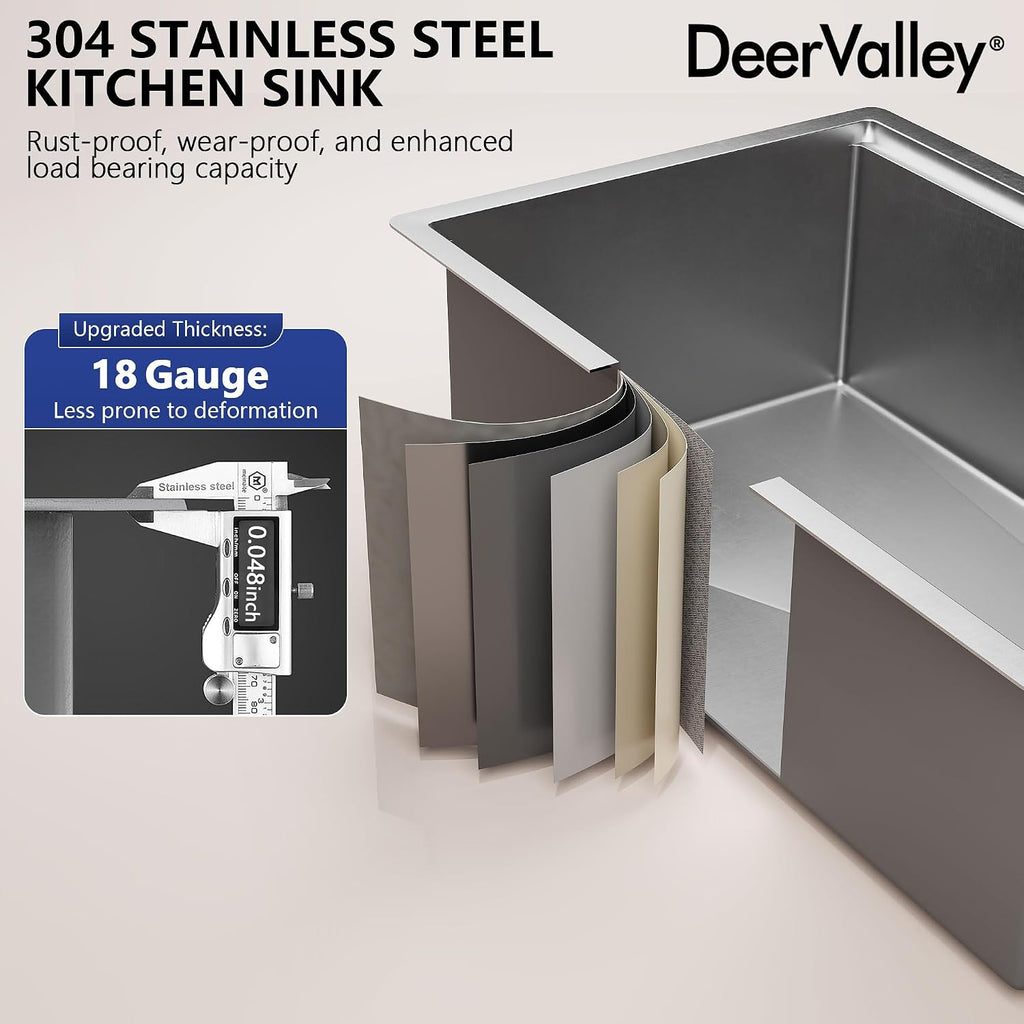 DeerValley Workstation Kitchen Sink 30 Inch, 18 Gauge Stainless Steel Single Bowl Sink, Handmade with Built-In Accessories, Ledge Design & Cutting Board