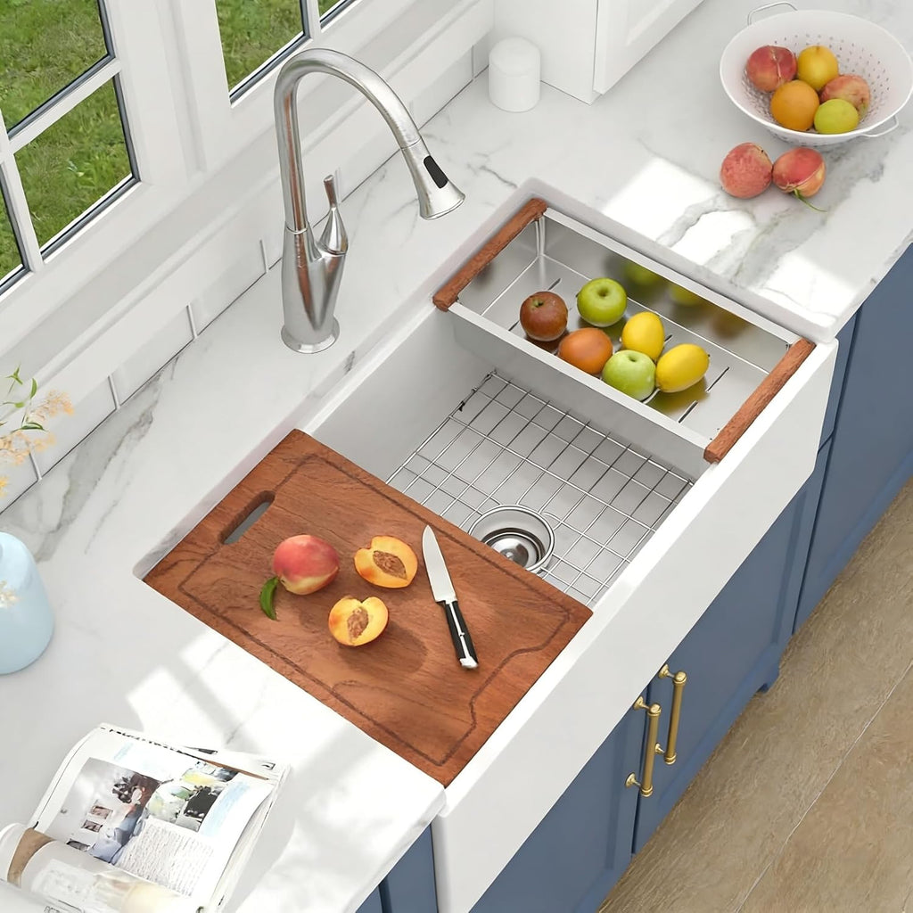 White Farmhouse Sink 33 Inch Kitchen Sinks Workstation Flat Fireclay Porcelain Ceramic Single Bowl Farm Sinks 33x20x10 Inch with Red Wooden Cutting Board