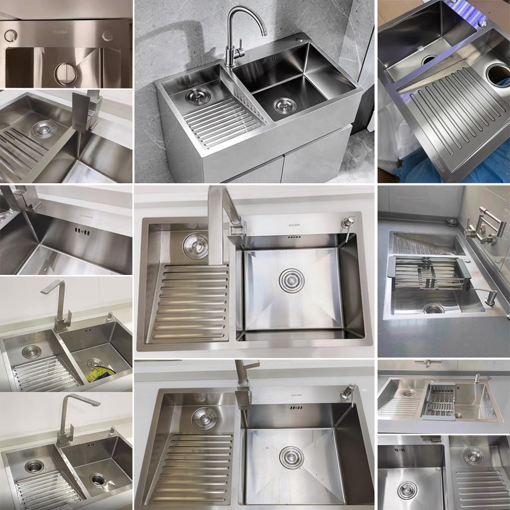 Bathroom Sinks Large 304 Stainless Steel Laundry Pool Single Bowl Kitchen Sink with Washboard Laundry Sink with Big Bend Faucet and Drainage Component (Silver-60x48x21cm