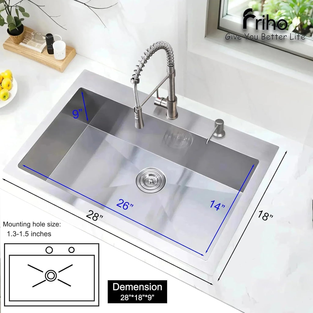 Friho 28 Inch Drop in Kitchen Sink, 28x18 Topmount Commercial Handmade 16 Gauge Single Bowl Stainless Steel Sink with Basket Strainer