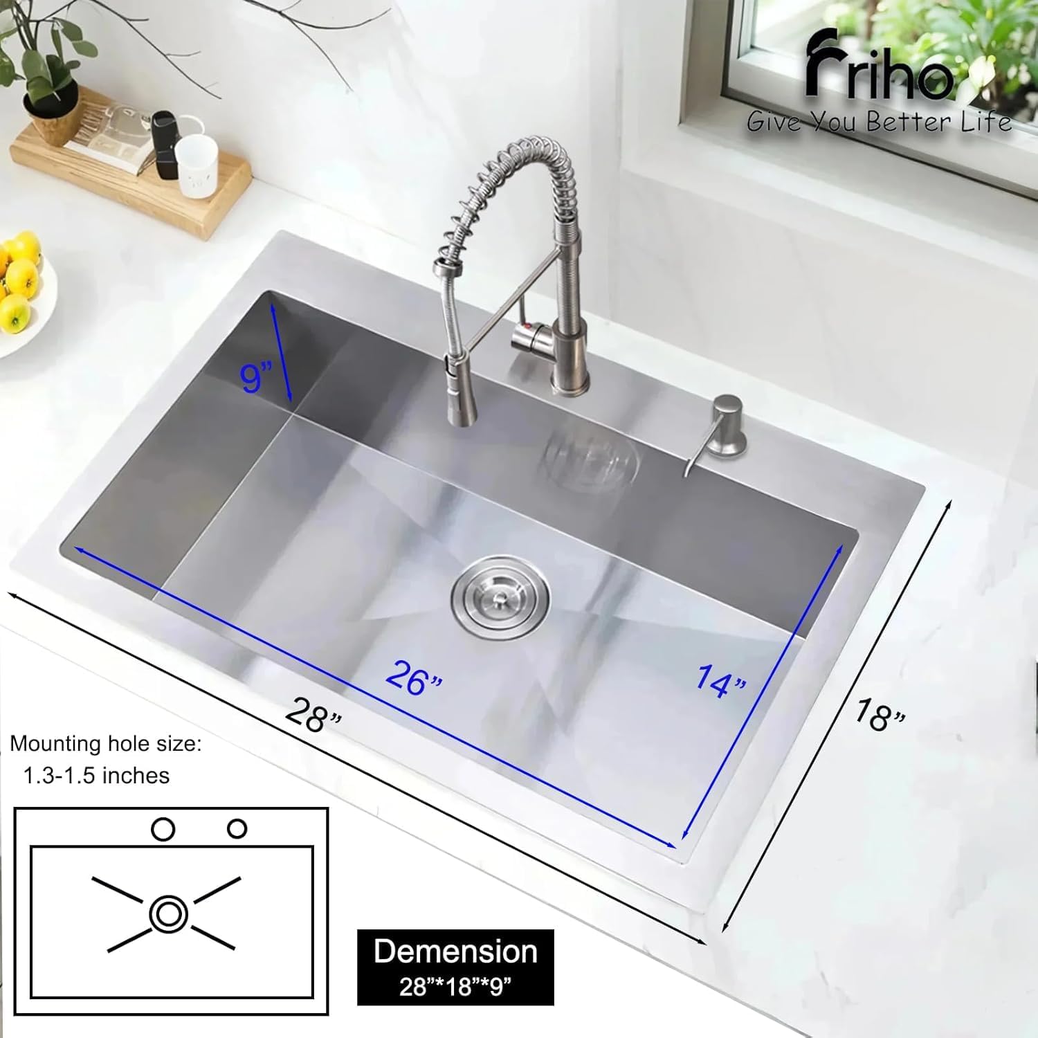 Friho 28 Inch Drop in Kitchen Sink, 28x18 Topmount Commercial Handmade 16 Gauge Single Bowl Stainless Steel Sink with Basket Strainer