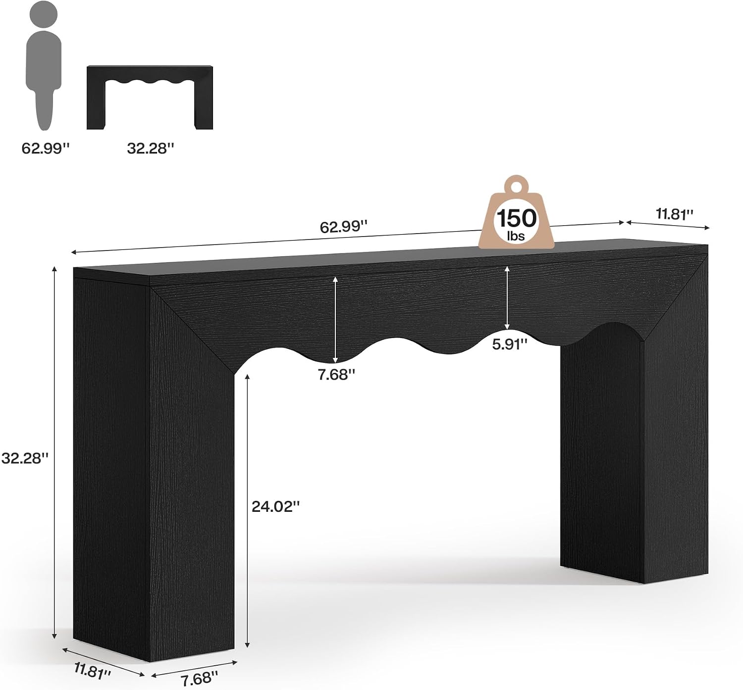 Tribesigns 63' Farmhouse Console Table, Wooden Couch Table Behind Sofa with Storage, Long Entryway Sofa Station, Narrow Console Stand with Base, Hallway Stand for Entryway, Living Room (1, Black)