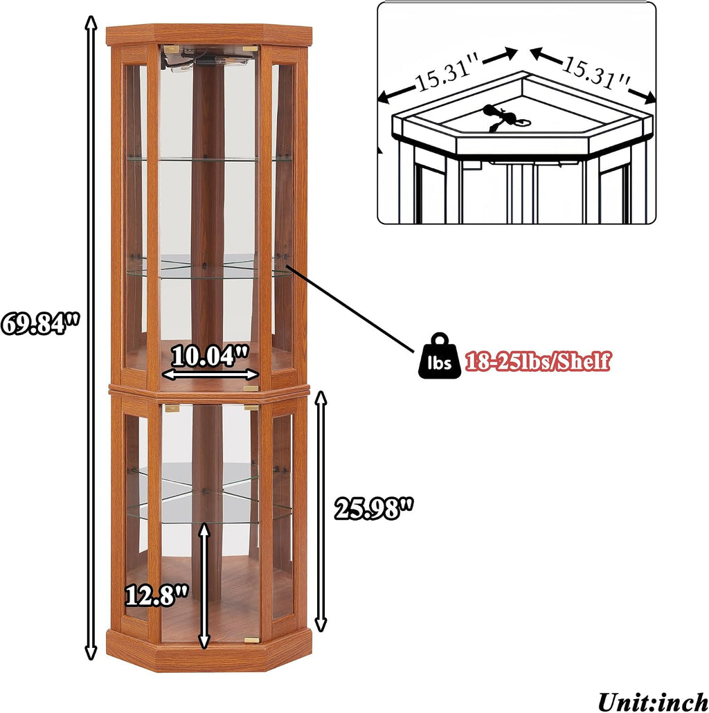 69' H Lighted Corner Curio Cabinet, 5-Tier Curio Glass Display Cabinet w/Glass Door & Adjustable Shelves, Wooden Display Showcase Corner Storage Cabinet for Living Room(Dark Oak)