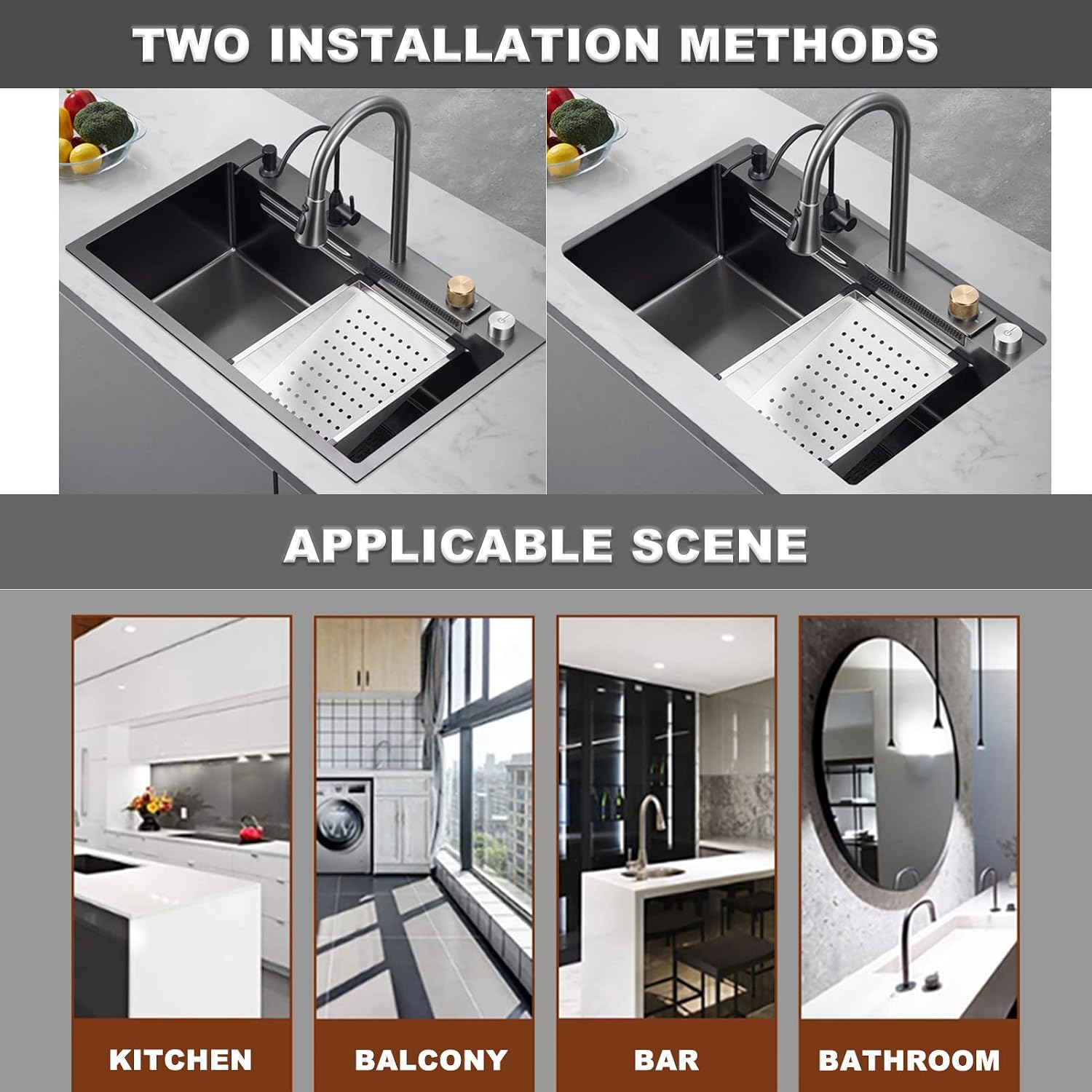 304 Stainless Steel Bar Sink Set Single Bowl Kitchen Sink Household Multi Function RV Sink with Faucet and Drain Assembly Drop in Or Under Mount (Black-68x45x22cm