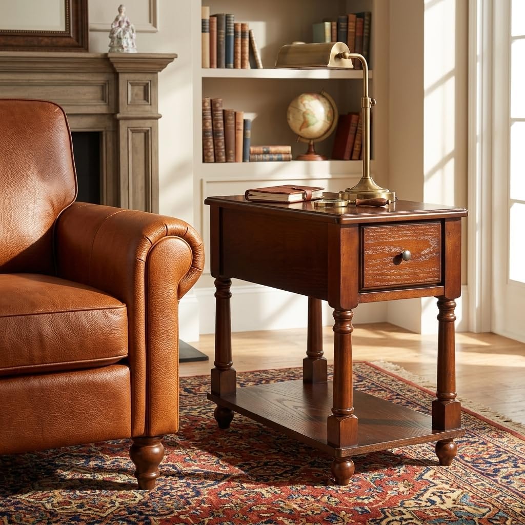 Narrow End Table with Drawer and Open Storage Shelf, Solid Wood Sofa Side Table for Living Room, Beside Table,Telephone Table for Small Spaces, No-Tools Assembly Caramel Brown BBJ004DR