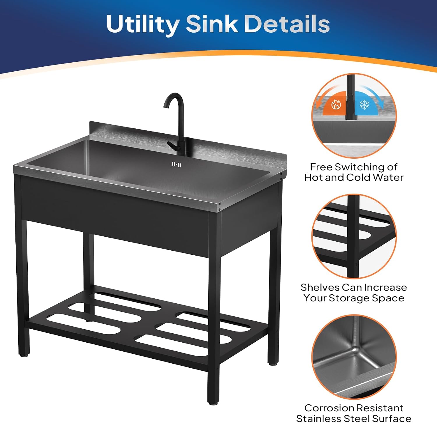 ROVSUN Black Electroplated Stainless Steel Utility Sink with Towel Rack and Storage Shelf, 23.2'D x 41.7'W x 38.9'H, Freestanding Laundry & Prep Sink for Home, Restaurant, Garage, and Outdoor Use