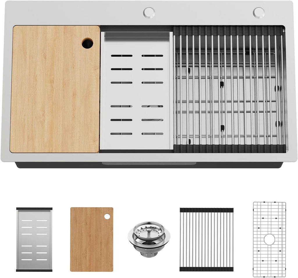 Kitchen Sink Workstation, 33x19 In Stainless Steel Drop In Modern Large Single Bowl Workstation Sink Gift Combo-SS Grid,Drying Rack,SS Colander,Cutting Board,Drain Assembly For Various Kitchen Style