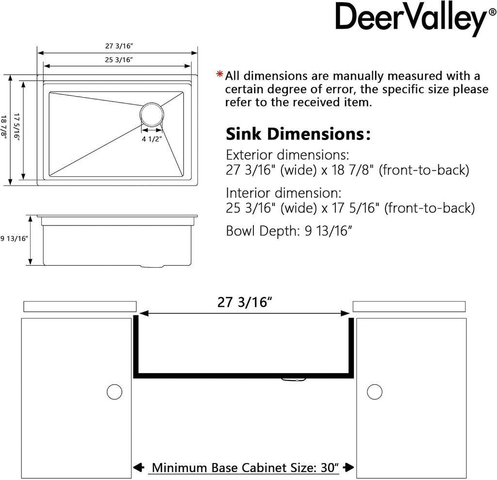 DeerValley Workstation Kitchen Sink 27 Inch, 18 Gauge Stainless Steel Single Bowl Sink, Handmade with Built-In Accessories, Ledge Design & Cutting Board