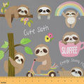 Feelyou Sloth Fabric by The Yard, Cute Cartoon Zoo Animal Upholstery Fabric for Chairs, Sloth Rainbow Print Decorative Waterproof Outdoor Fabric, 10 Yards, Gray