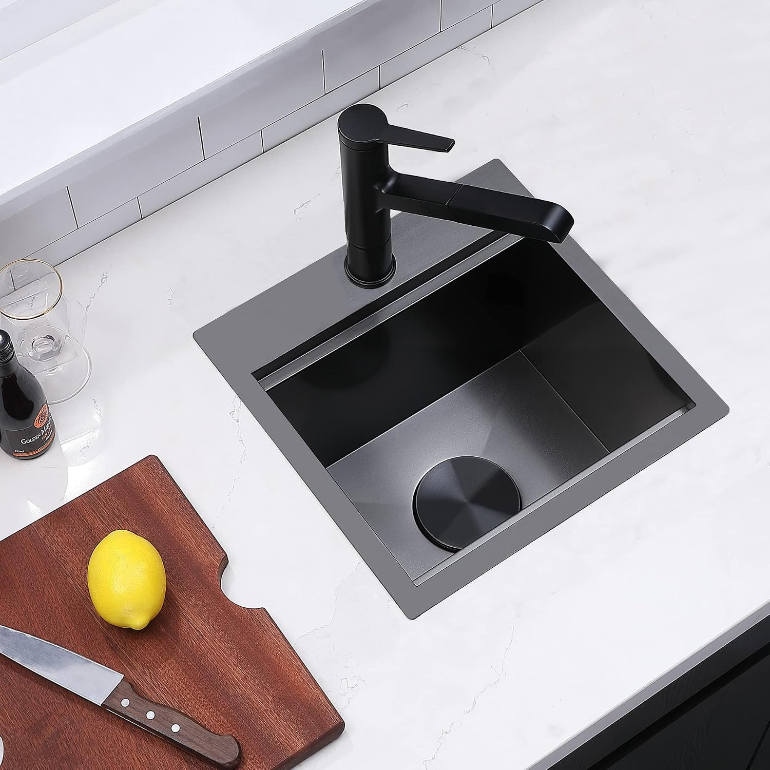 IKEBANA 15x15 Inch Black Drop In Bar Sink Workstation, 16 Gauge Stainless Steel Top Mount Single Bowl Handmade Gunmetal Black Wet Bar Sink for Outdoor Prep RV Laundry with Grid & Cutting Board