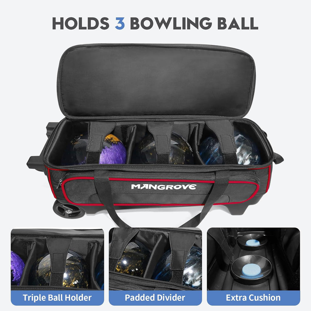 Mangrove 3 Ball Bowling Bag with Wheels & Shoe Compartment, Deluxe Bowling Ball Bag 3 Ball Roller, Rolling Triple-Ball Bag w/Accessory Pocket & Retractable Handle Extends to 40''