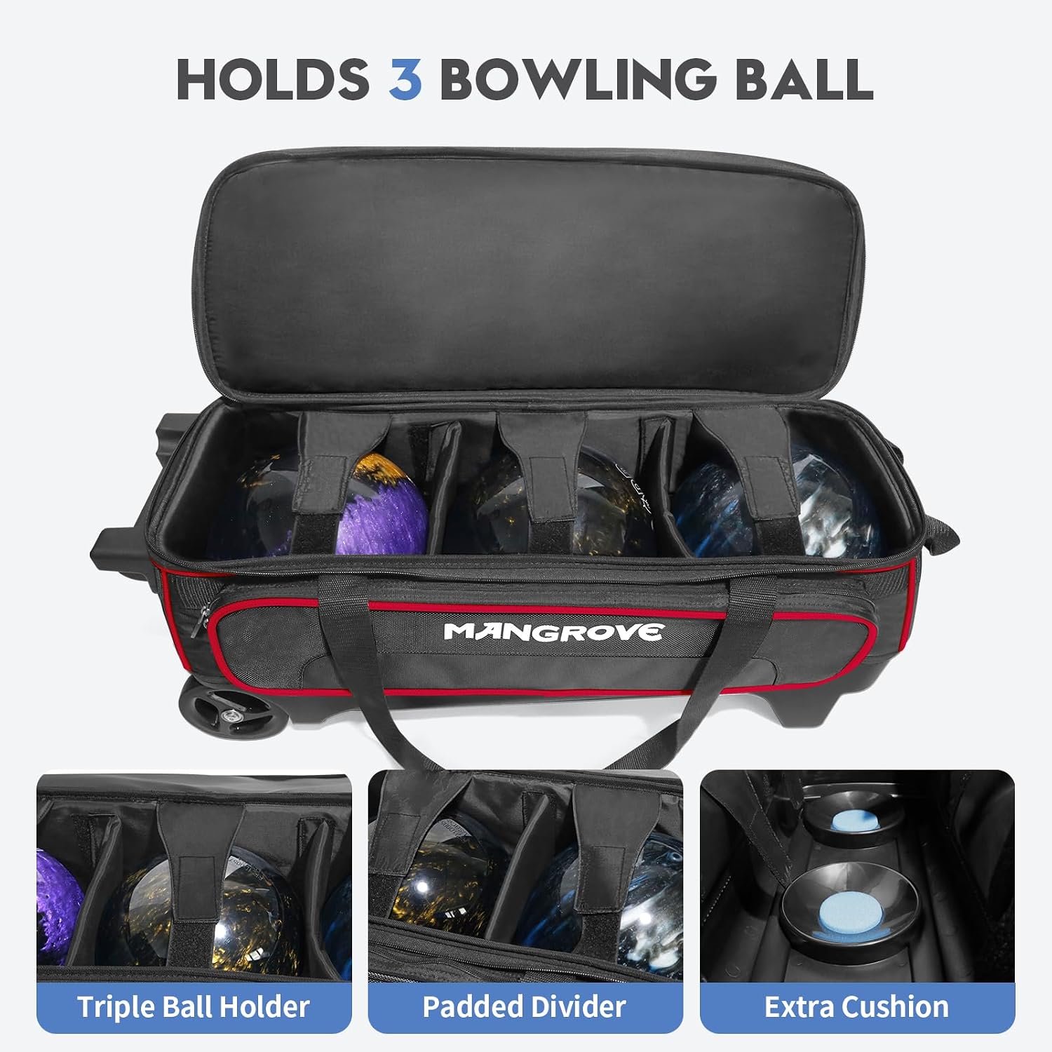 Mangrove 3 Ball Bowling Bag with Wheels & Shoe Compartment, Deluxe Bowling Ball Bag 3 Ball Roller, Rolling Triple-Ball Bag w/Accessory Pocket & Retractable Handle Extends to 40''