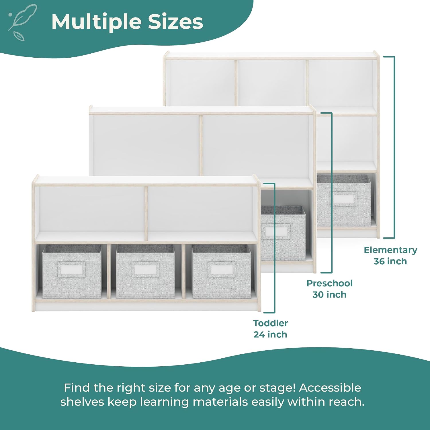 Guidecraft EdQ Three Shelf Compartment Storage White with 3 Fabric Bins: Wooden Bookshelf and Toy Organizer for Kids, Storage Unit for Homeschool and Classroom