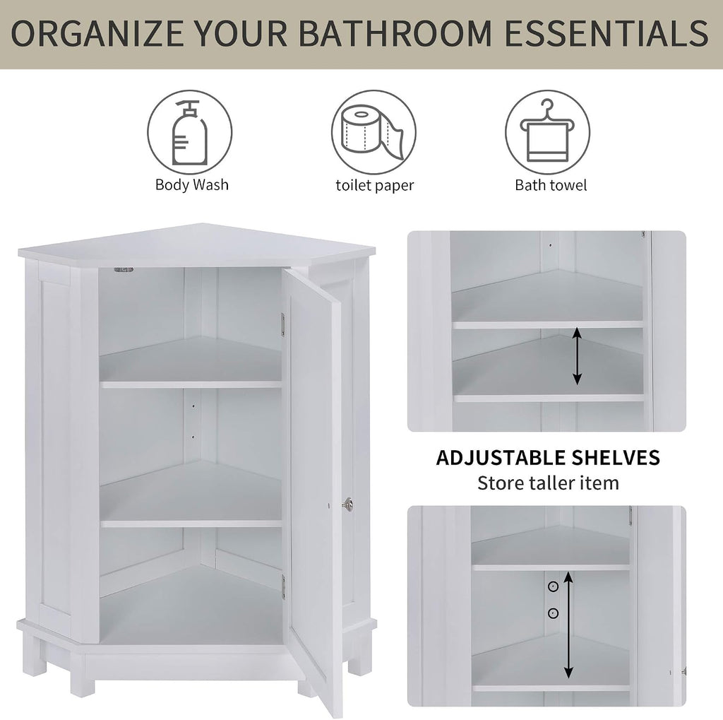Merax Corner Cabinet White Bathroom Floor Storage with Adjustable Shelves for Kitchen, Living Room