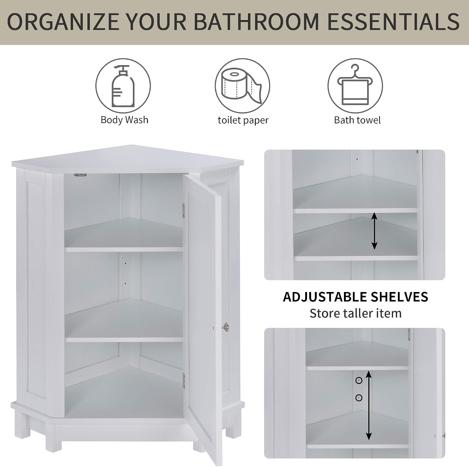 Merax Corner Cabinet White Bathroom Floor Storage with Adjustable Shelves for Kitchen, Living Room