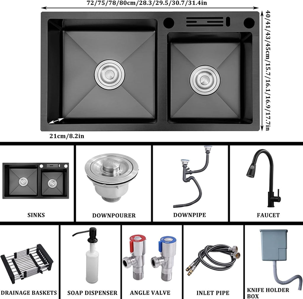 304 Stainless Steel Kitchen Sink Black Double Bowl Bar Preparation Sink RV Sink with Pull-Out Faucet and Drainage Assembly Top Mount Or Undermount (Color : Black, Size : 80x45x21cm) (Black 72x40x