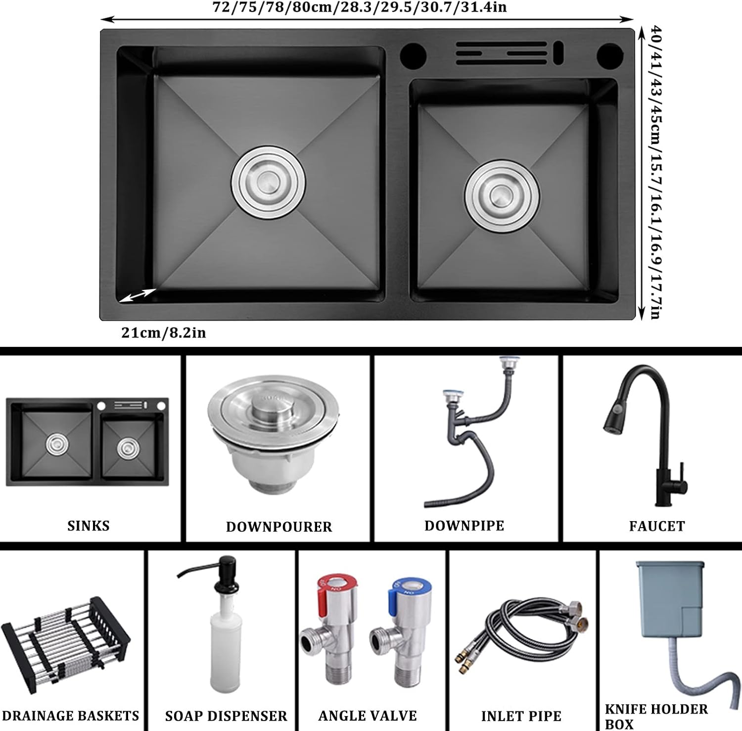 304 Stainless Steel Kitchen Sink Black Double Bowl Bar Preparation Sink RV Sink with Pull-Out Faucet and Drainage Assembly Top Mount Or Undermount (Color : Black, Size : 80x45x21cm) (Black 72x40x
