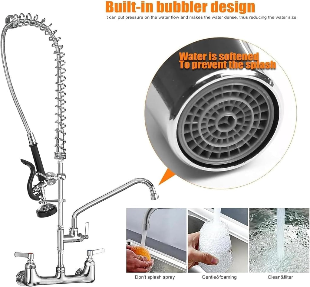 Commercial Faucet with Sprayer for Kitchen Staff: 43 Inches Commercial Faucet Pre Rinse Sprayer 8 inch Center Wall Mount Kitchen with 12 inch Add on Spout