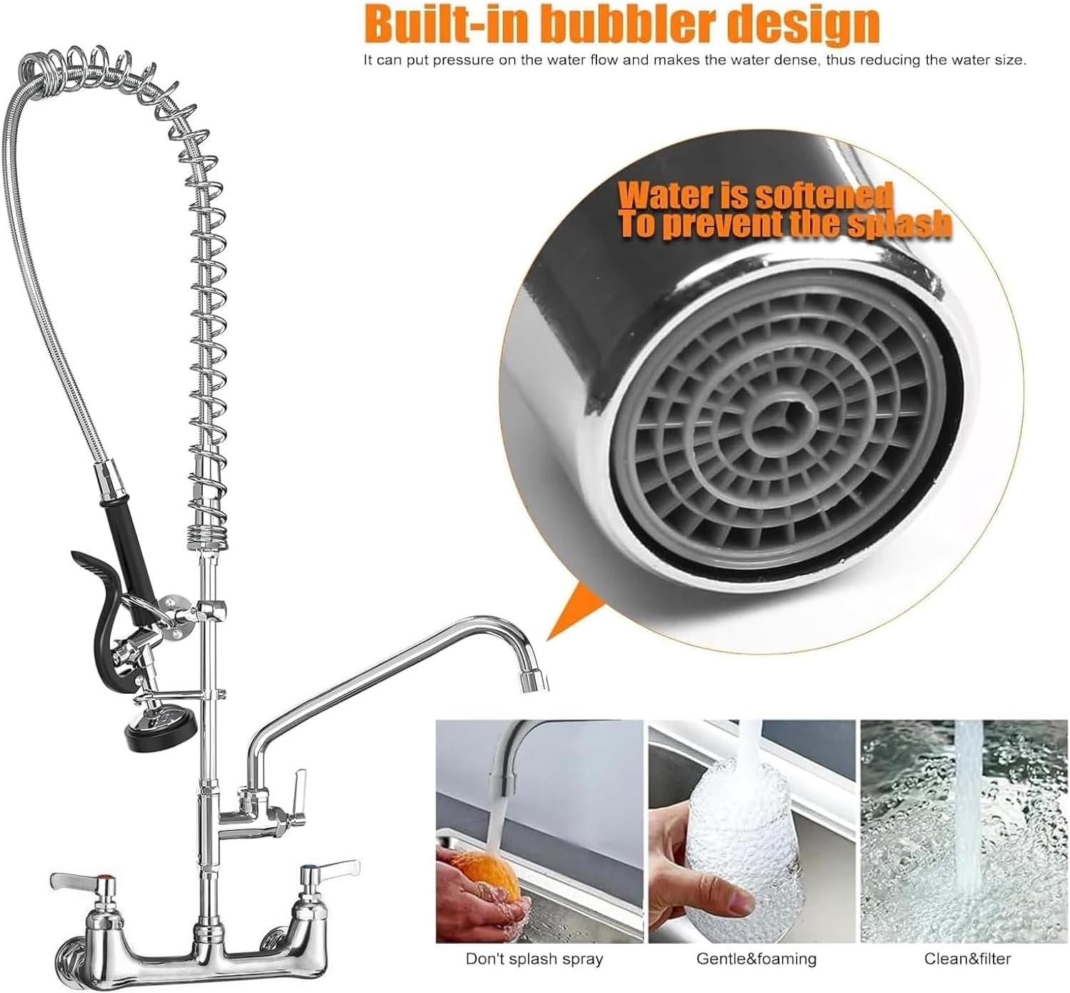 Commercial Faucet with Sprayer for Kitchen Staff: 43 Inches Commercial Faucet Pre Rinse Sprayer 8 inch Center Wall Mount Kitchen with 12 inch Add on Spout