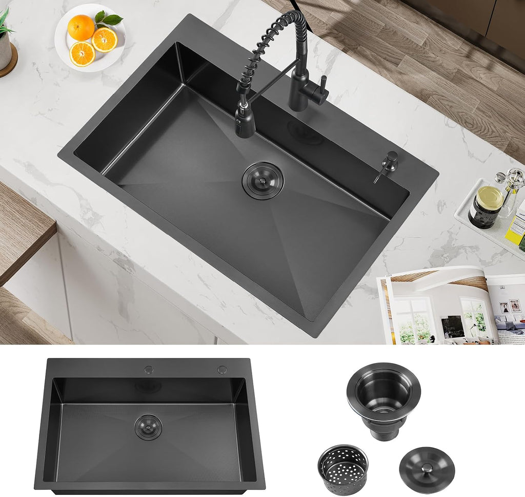 ATTOP 33 Inch Black Large Single Bowl Drop in Kitchen Sink,33x22 Inch Nano Black Stainless Steel Handmade Drop in Single Bowl Kitchen Sink