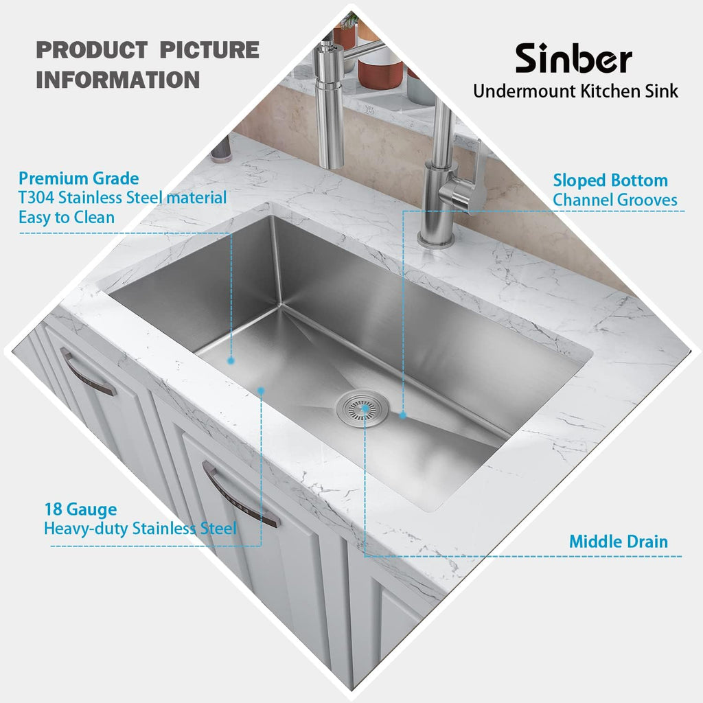 Sinber HU3018S 30' x 18' x 10' Undermount Single Bowl Kitchen Sink with 18 Gauge 304 Stainless Steel Satin Finish