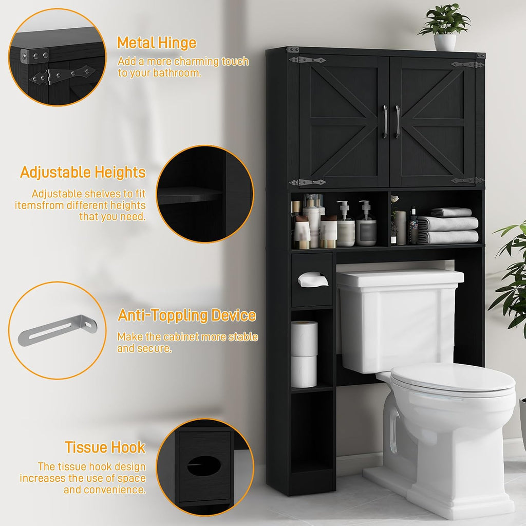 Vabches Over The Toilet Storage Cabinet, Farmhouse Storage Cabinet Over Toilet with 2 Barn Doors && Toilet Paper Holder Stand，Home Space-Saving Toilet Rack, for Laundry, Restroom, Bathroom.Pure Black