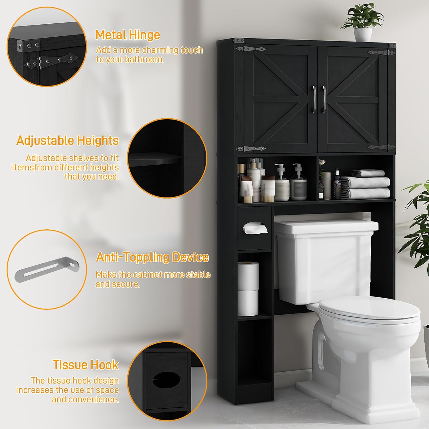 Vabches Over The Toilet Storage Cabinet, Farmhouse Storage Cabinet Over Toilet with 2 Barn Doors && Toilet Paper Holder Stand，Home Space-Saving Toilet Rack, for Laundry, Restroom, Bathroom.Pure Black