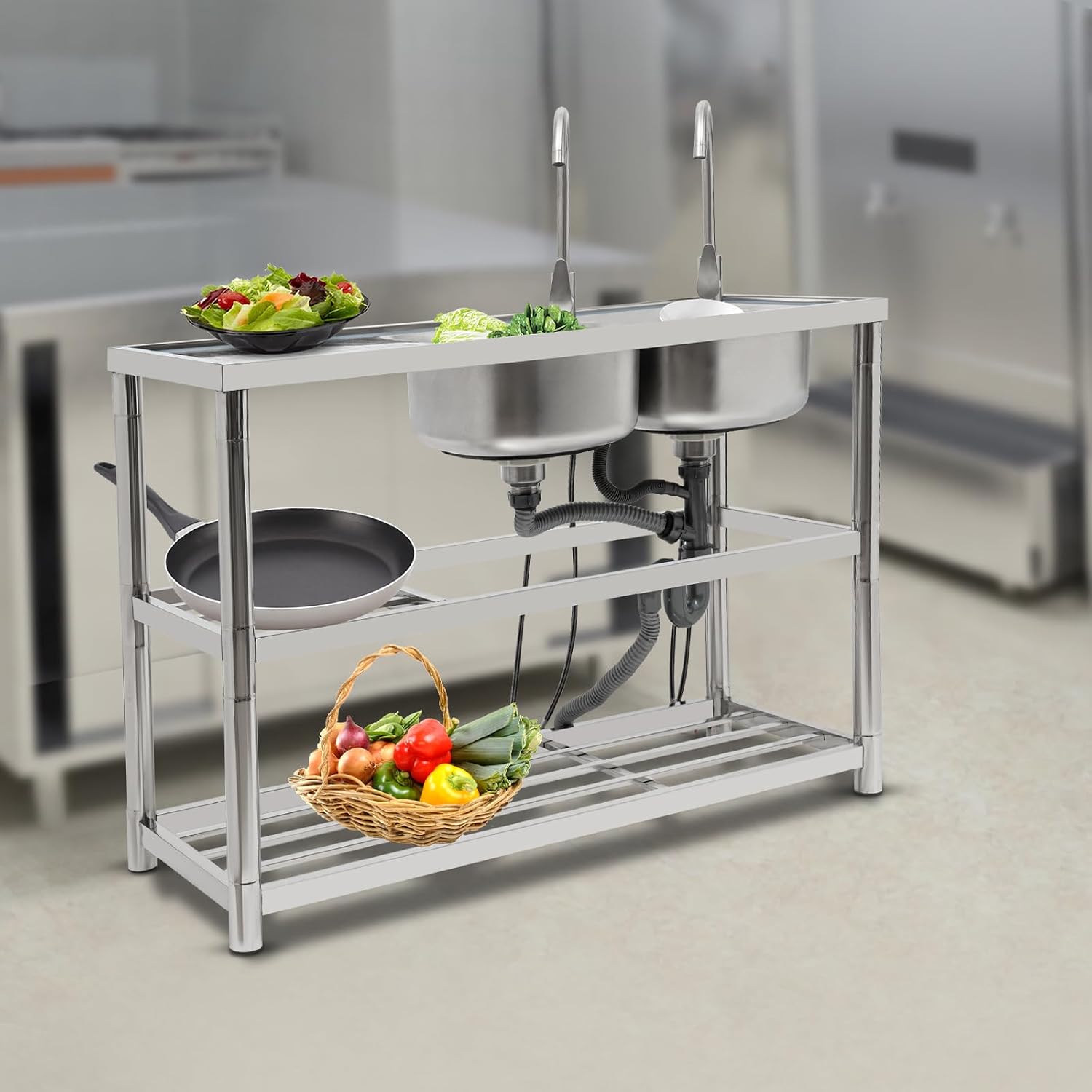 Free Standing Commercial Kitchen Sink Stainless Steel, Double Bowl Utility Sink with 2 360° Rotatable Faucet and Water Pipes Restaurant Outdoor Utility Sink Right Dual-Bowl (47x17.7x31.5in-B)