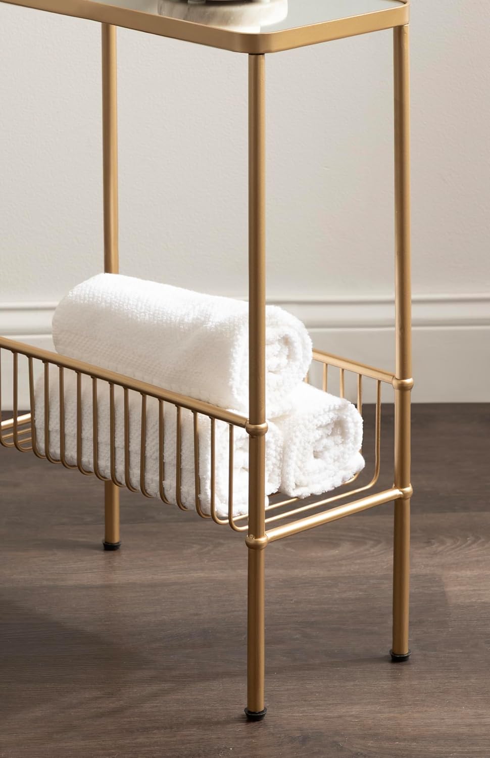 Kate and Laurel Trubey Modern Mirrored Rectangle Narrow Side Table, 16 x 8 x 25, Gold, Modern Glam Slim End Table with Bottom Wire Storage Rack and Mirrored Tabletop