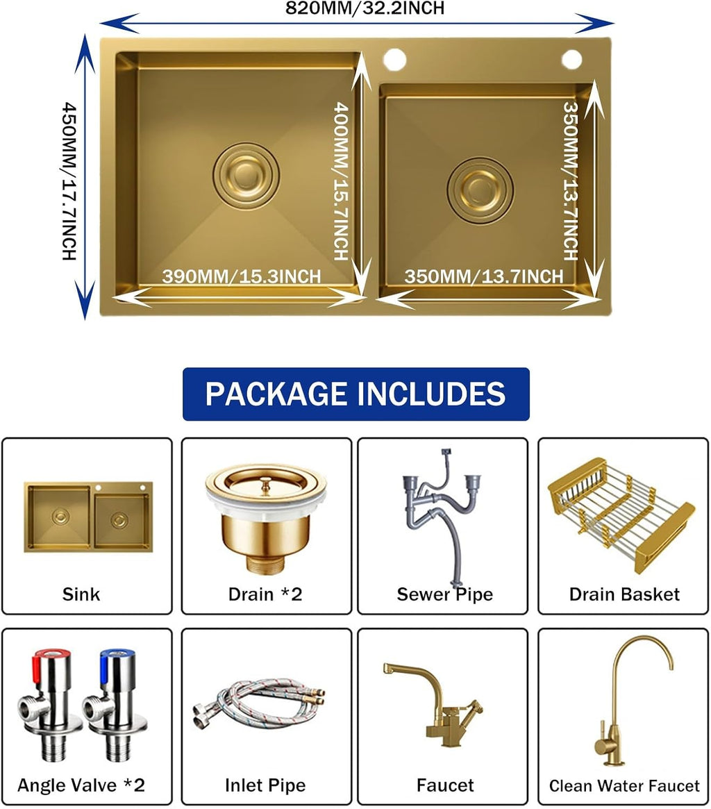 Gold Double Bowl Kitchen Sinks, with Faucet, 304 Stainless, Top Mount Kitchen Sink and Accessories, Undermount Vegetable Basin (Color : Gold D, Size : 82X45cm)
