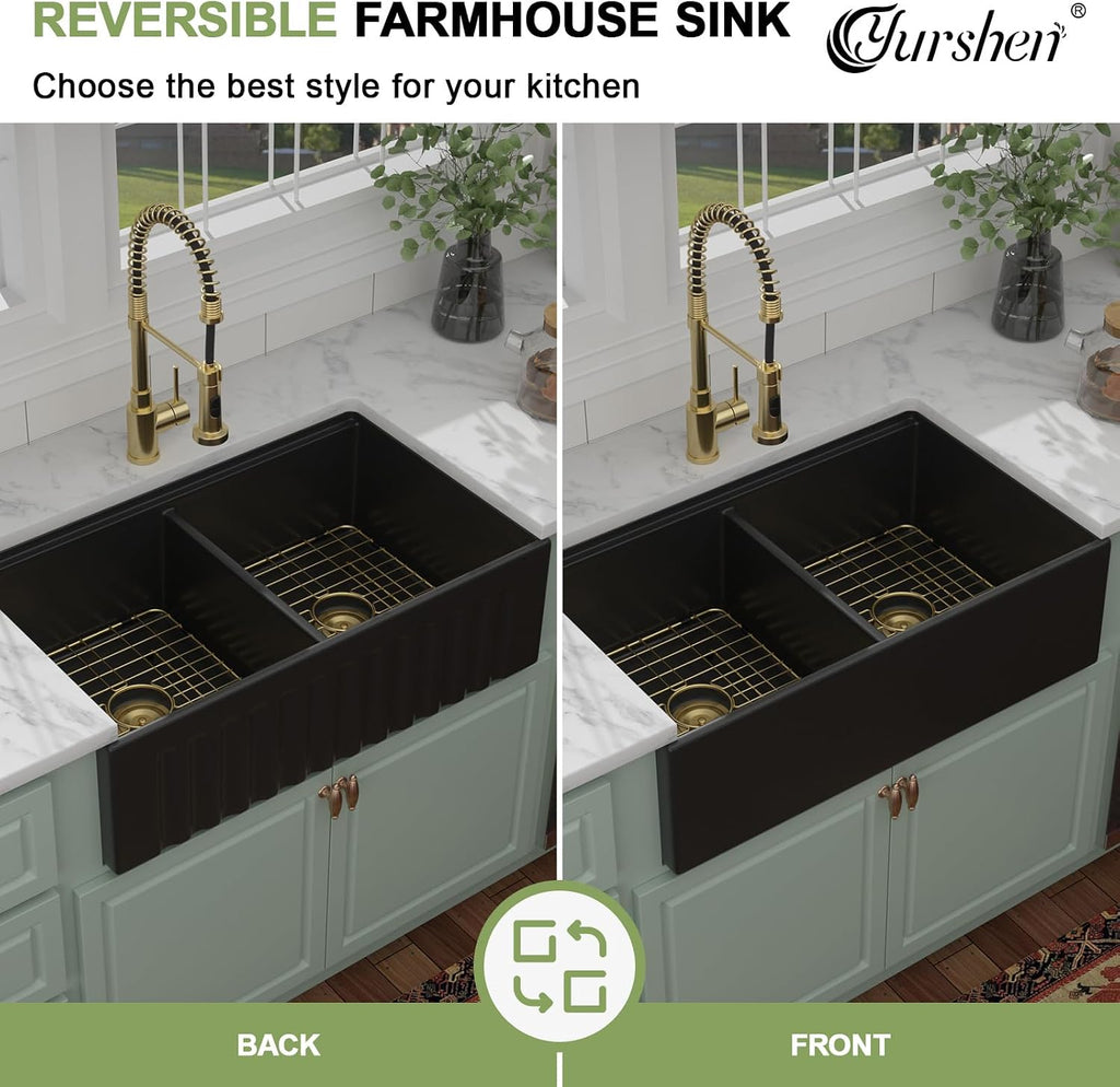 33 Inch Fireclay Kitchen Sink Apron Front Black Porcelain Ceramic Farmhouse Sinks Workstation, Double Bowl Farm Barn Sink, 33'x20'x10'