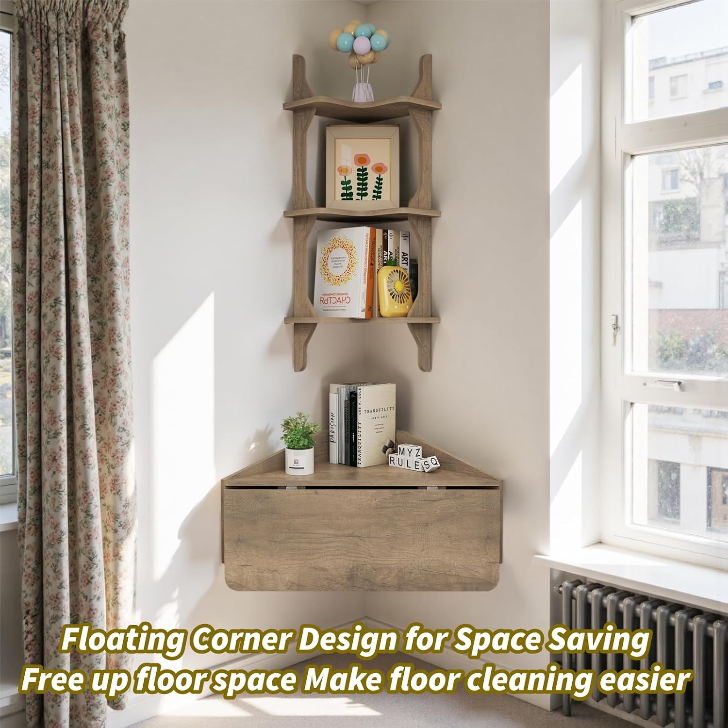 Pmnianhua Floating Corner Desk,Wall Mounted Table with Shelves,Folding Corner Shelf,Wall Corner Shelf for Small Space Computer(Rustic Grey)