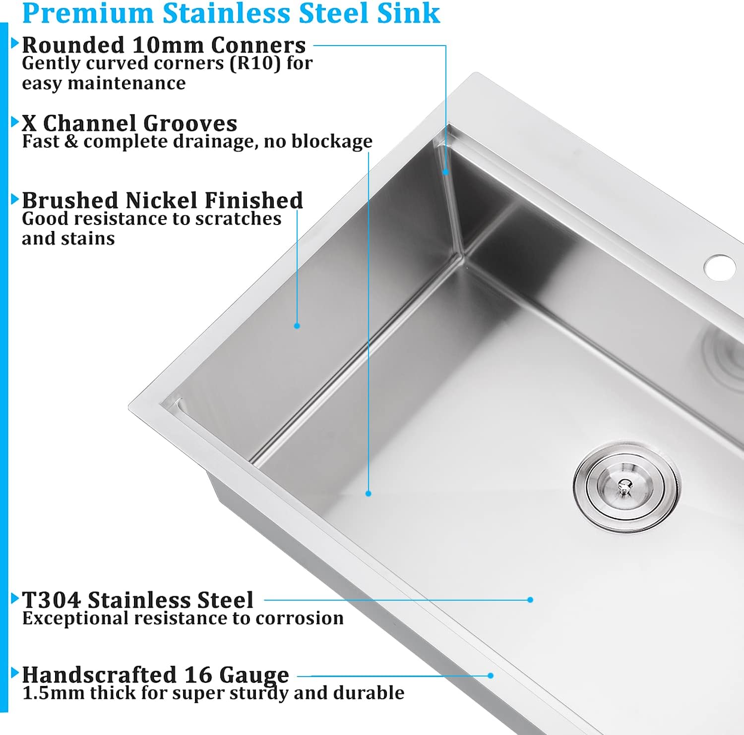 30 Inch Drop In Kitchen Sink, 30x22 Single Bowl Stainless Steel Kitchen Sink Drop in Workstation 16 Gauge Handmade with Cutting Board