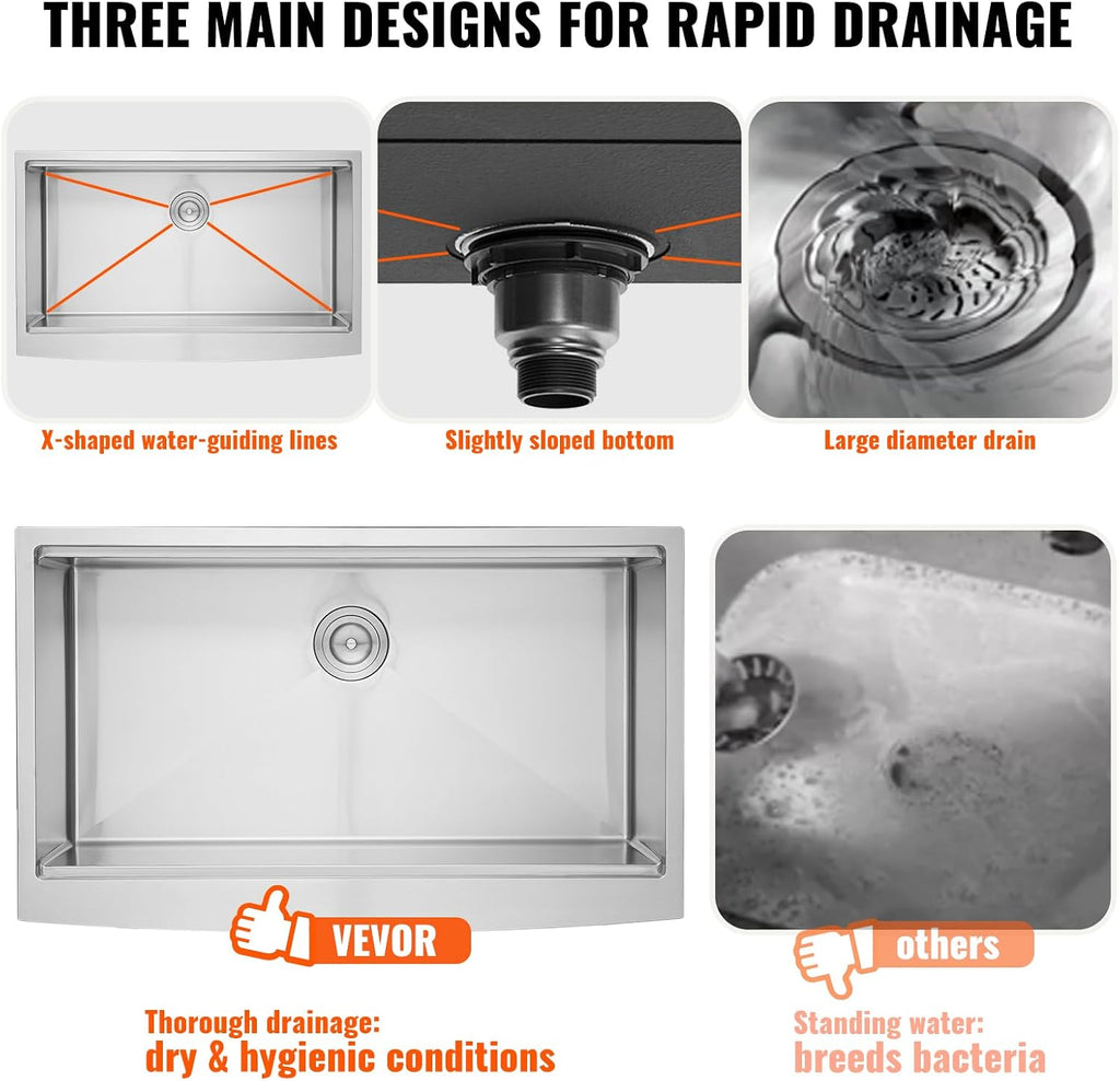 VEVOR 33 inch Farmhouse Kitchen Sink, 304 Stainless Steel Sink, Top Mount Single Bowl Kitchen Sinks with Ledge & Accessories, Household Dishwasher Sinks for Farm, Prep Kitchen, Garage and Bar Sink