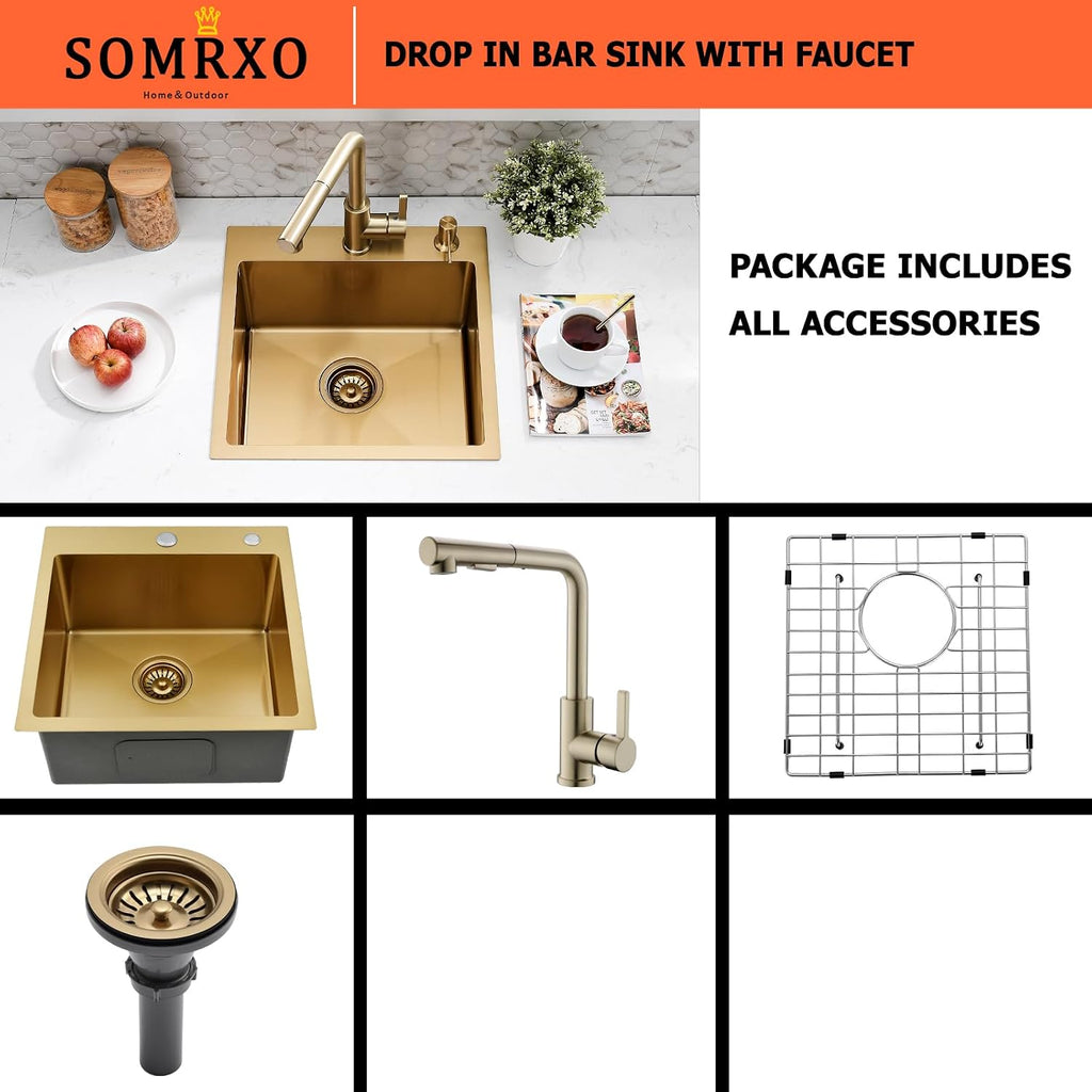 15 Inch Drop In Bar Sink with Faucet Combo | Gold Stainless Steel, Topmount Single Bowl, Durable Modern Design | Small Sink for RV, Bar Prep & Small Kitchens