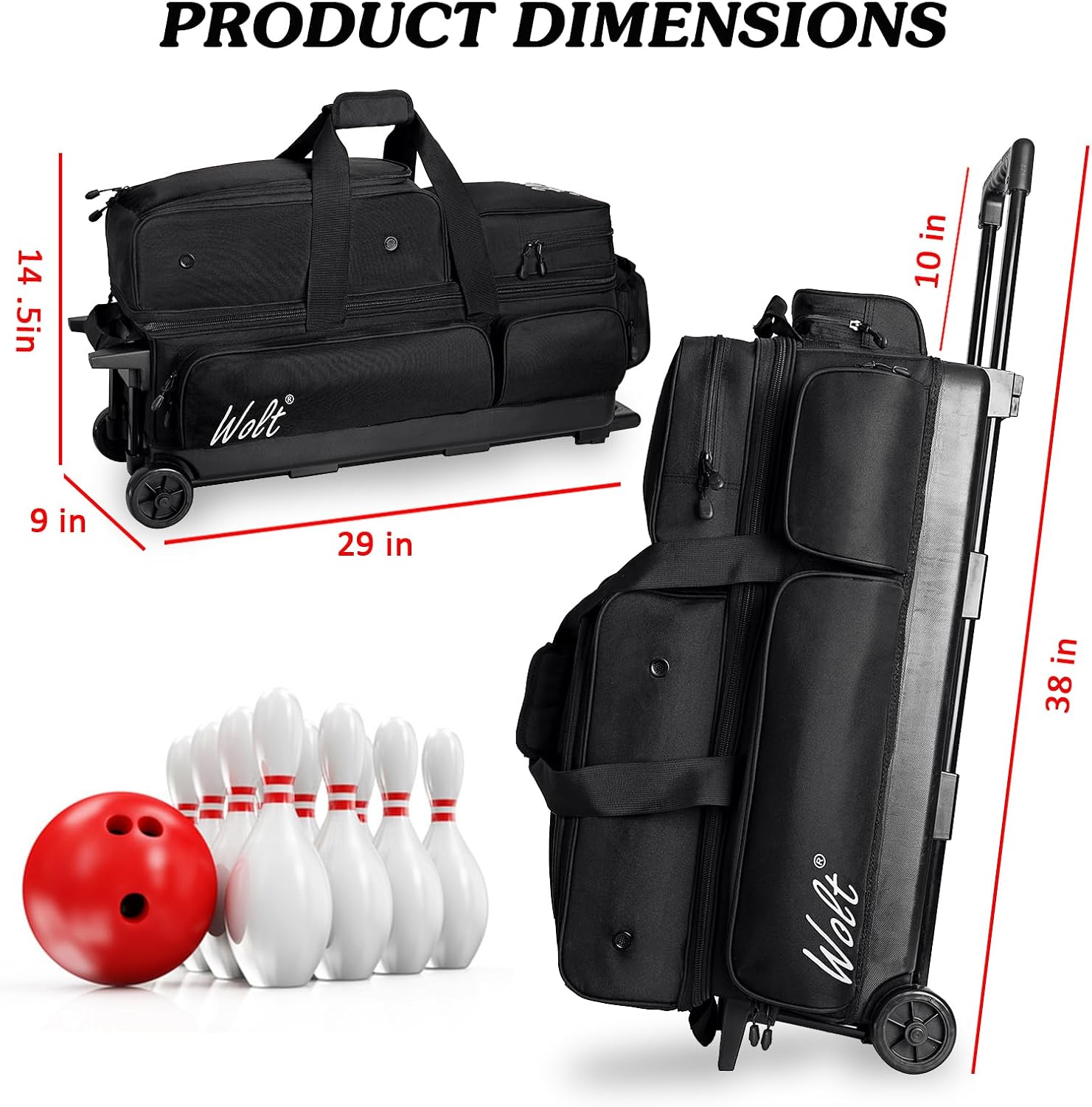 WOLT 3 Ball Bowling Bags with Wheels,Bowling Ball Bag 3 Ball Roller with Separate Shoe Compartment and Accessory Pocket, Retractable Handle Extends to 38''